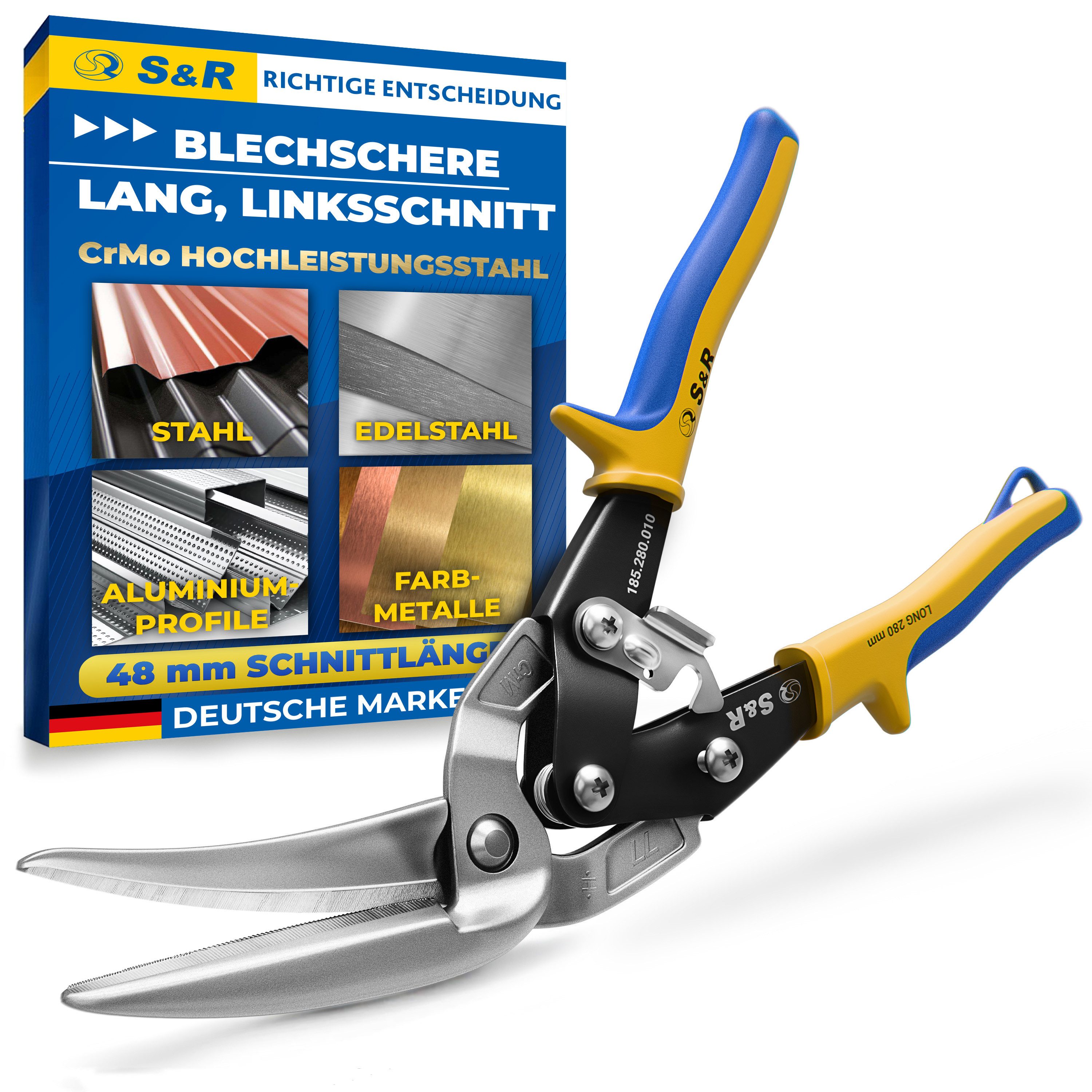 S&R Blechschere S&R Blechschere Linksschnitt 280mm mit CrMo-Stahlklingen, (1-tlg), Für Heizung, Sanitär, Automobilbau sowie beim Verlegen von Leitungen