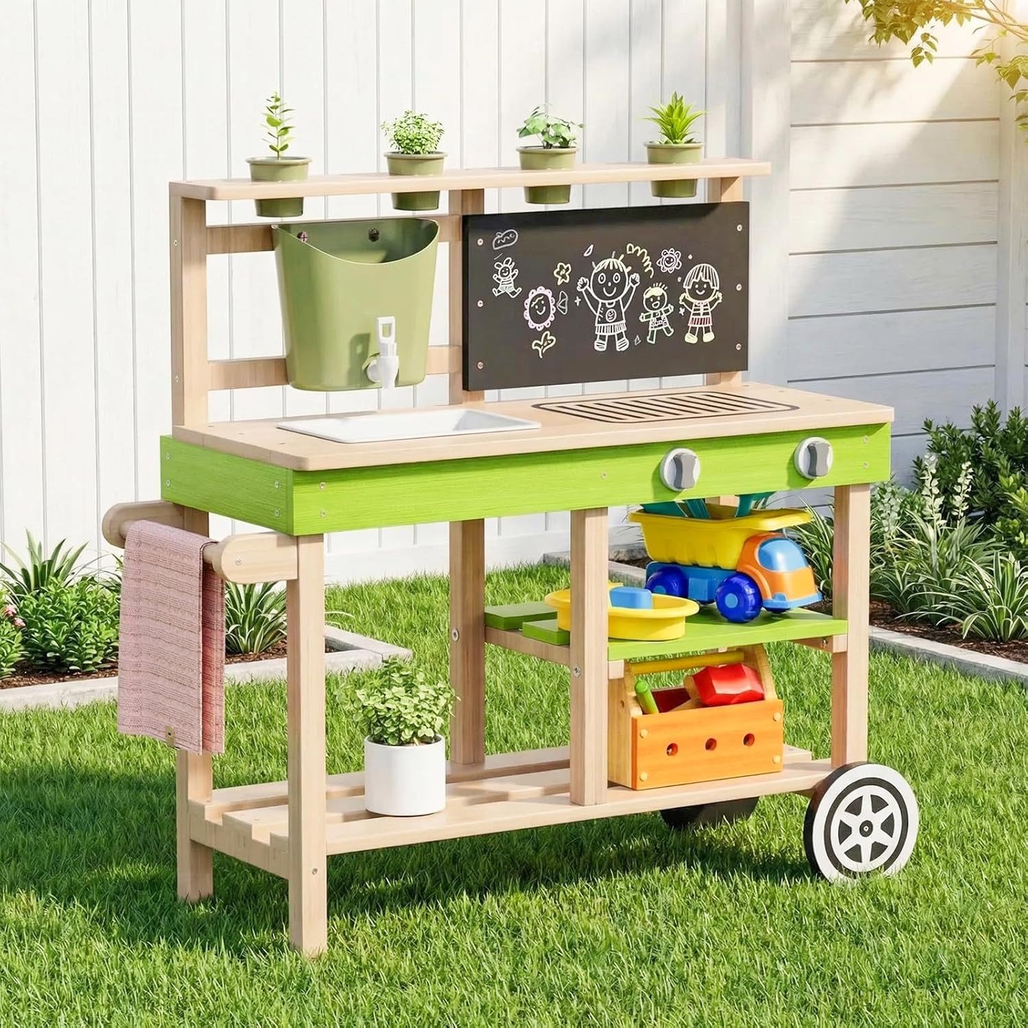 TLGREEN Outdoor-Spielküche Holz Matschküche Kinder Outdoor, 88,5x33,5x85 cm, mit Funktionierendem Wasserhahn/Rädern/Pflanzkästen/Tafel
