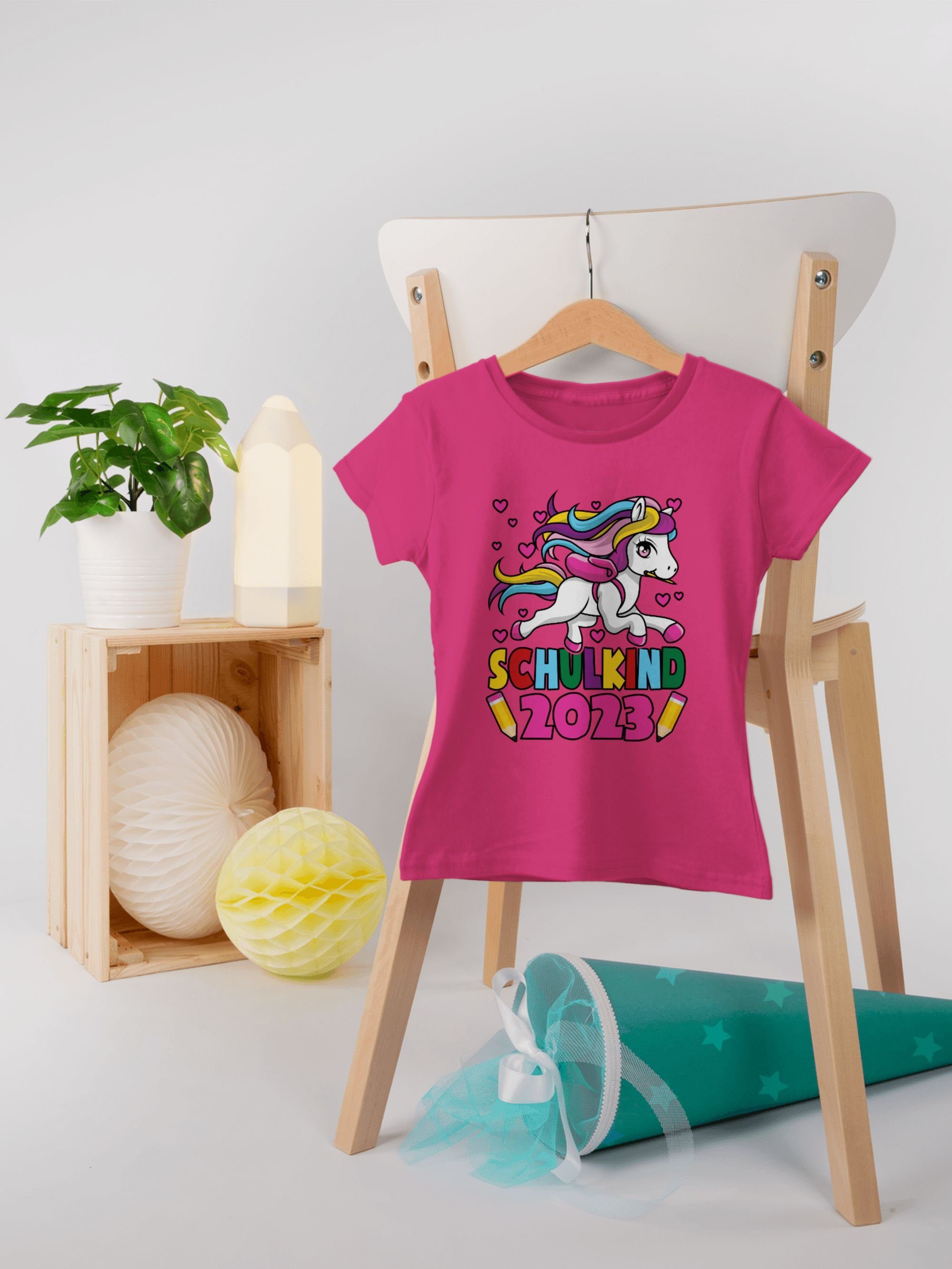 Einschulung Shirtracer T-Shirt I 2023 Fuchsia Mädchen Unicorn 1 Einhorn Schulkind
