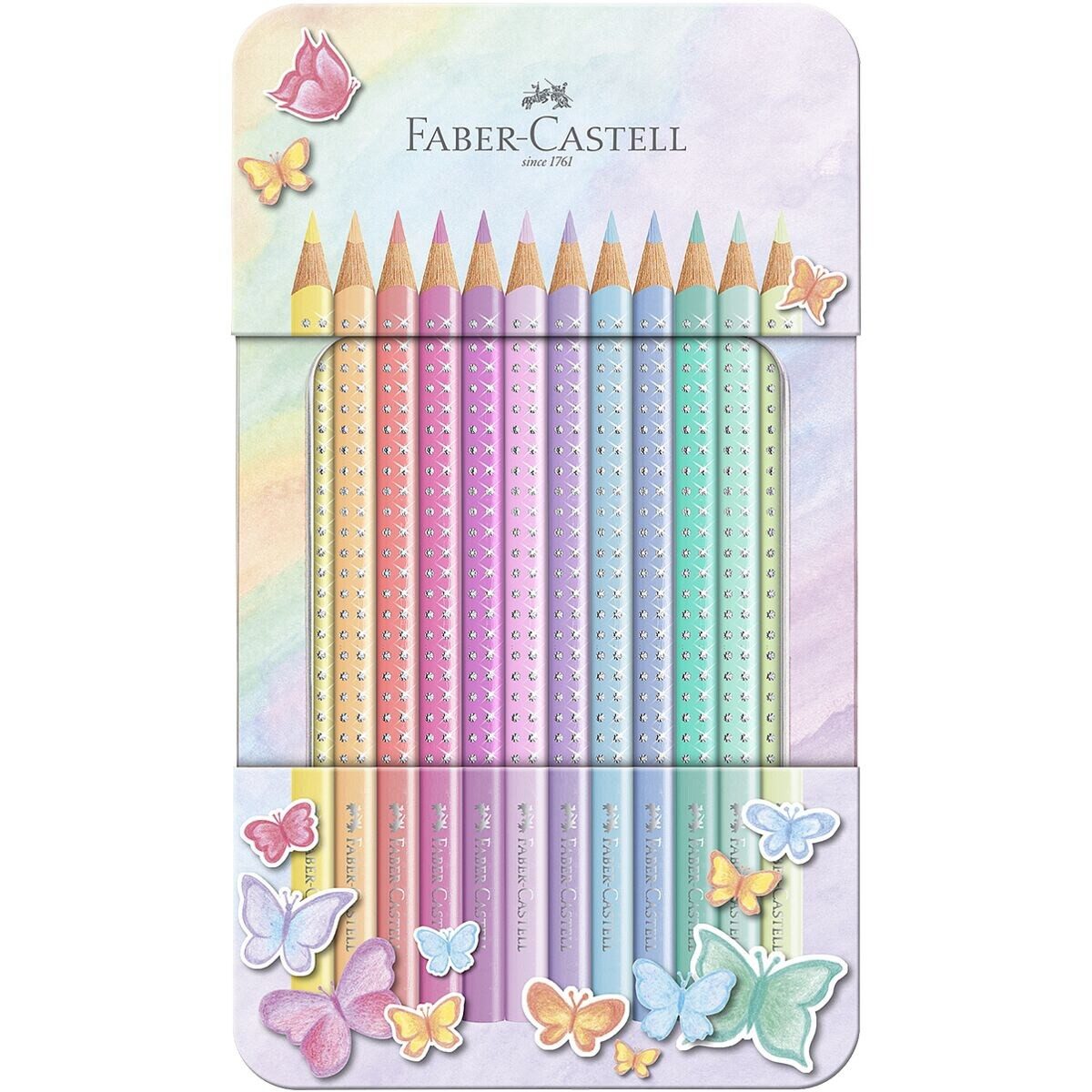 Faber-Castell Buntstift Sparkle Pastell, (12-tlg), Pastellfarben, im Metalletui und mit Glitzerapplikationen