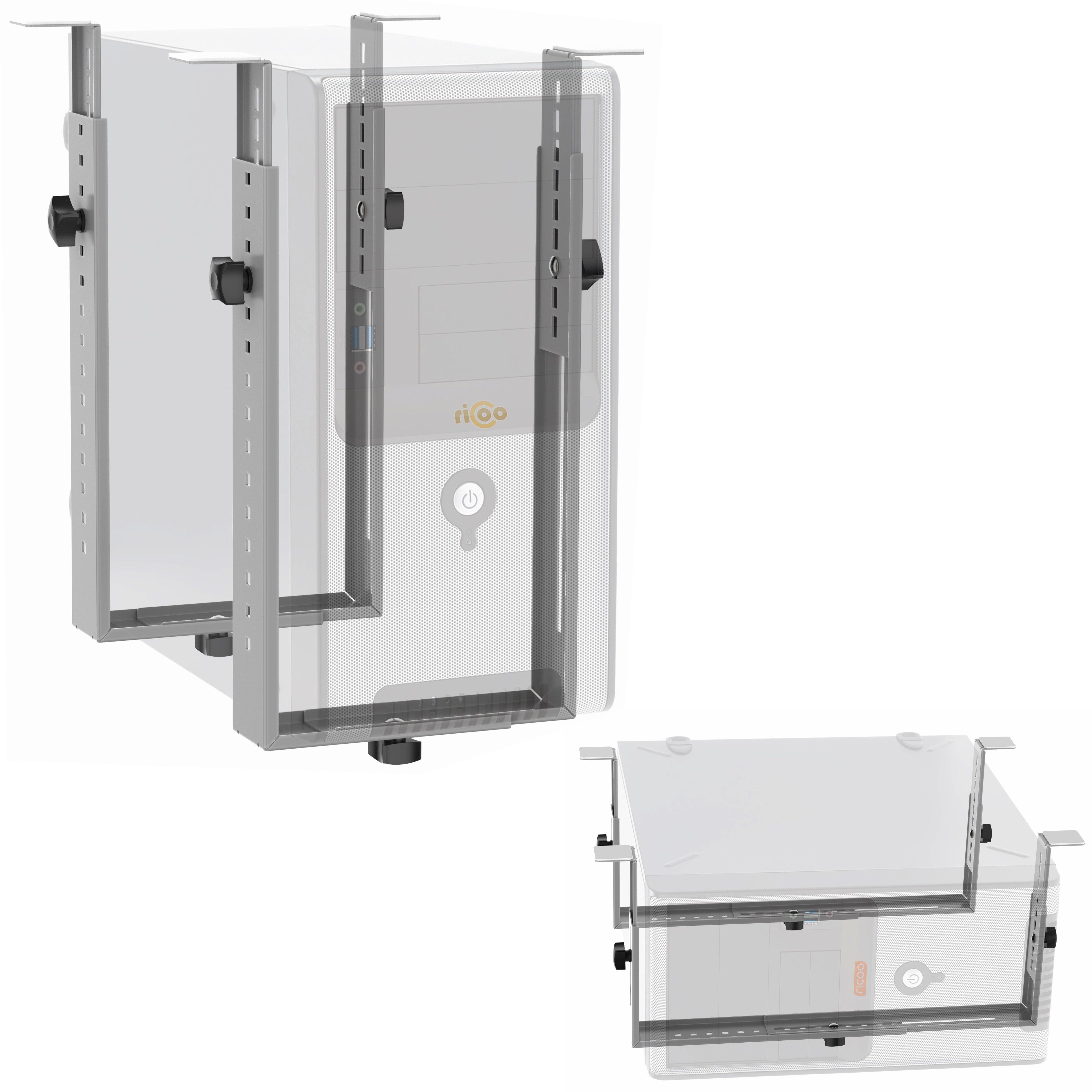 RICOO Halterung PC Halterung unter Schreibtisch flexibel Gaming Büro Tisch TRH02-S, (vertikal oder horizontal Befestigung, 1-tlg., max 35 Kg Rechner Halter für unter den Tisch Desktop flexibel silber, Flexibel an PC Rechner Breite und Höhe anpassbar, je nach Montageart)