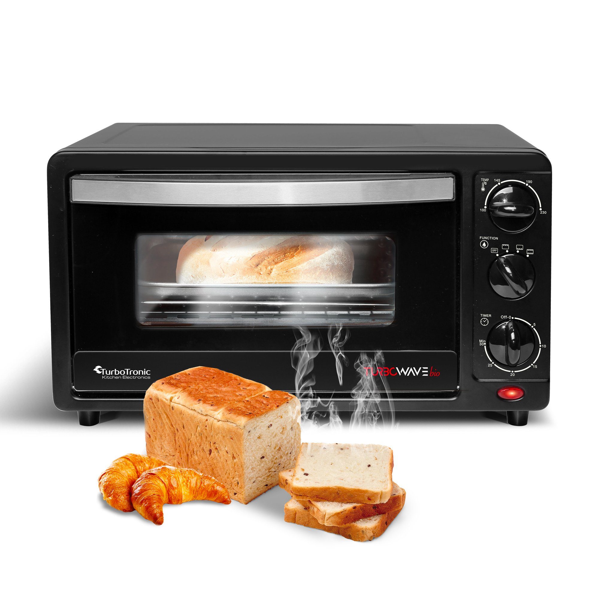 TurboTronic by Z-Line Minibackofen 14 Liter Schwarz, inkl. 1x Grillrost & 1x Backblech 1200W Camping, Pizzaofen 100-230°C Tischbackofen, Kleiner Ofen