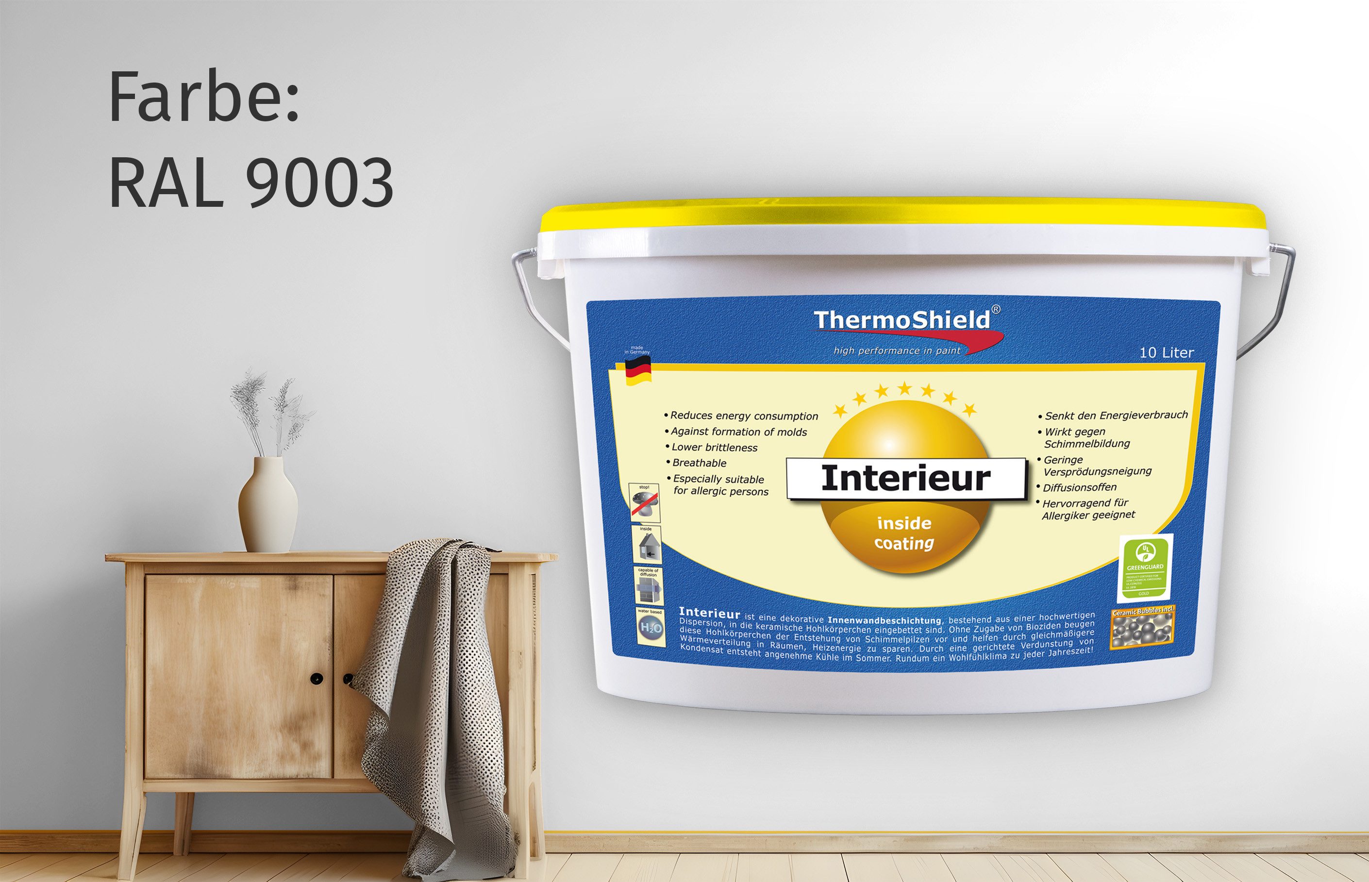 ThermoShield Wand- und Deckenfarbe Interieur, Gleichmäßige Wärmeverteilung im Raum, verbessertes Raumklima