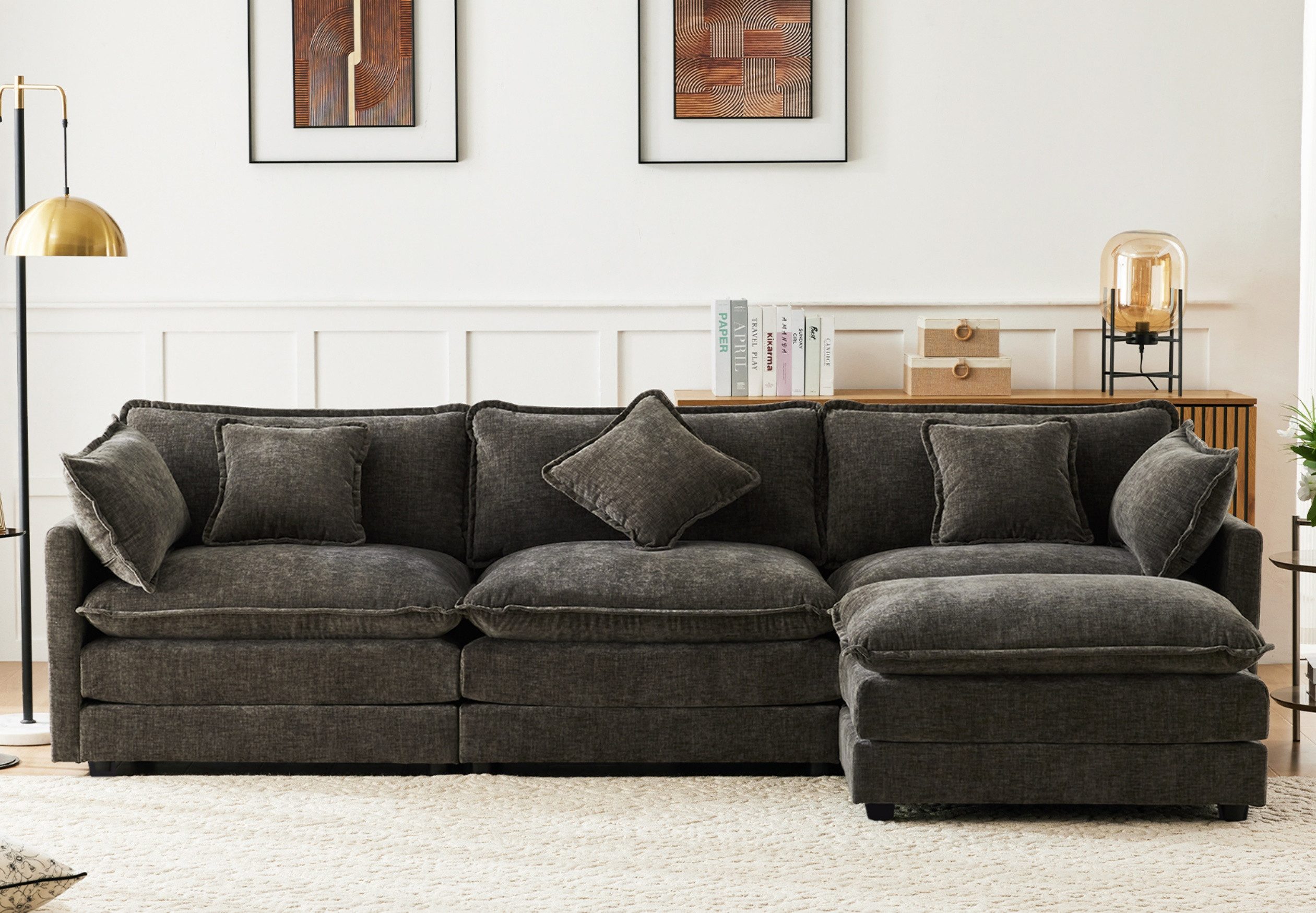 autolock 4-Sitzer Polstersofa Ecksofa mit Fußstütze, L-förmiges Ecksofa für 3-4 Personen, Modernes Polstermöbel für Wohn- und Schlafzimmer, Chenille-Stoff