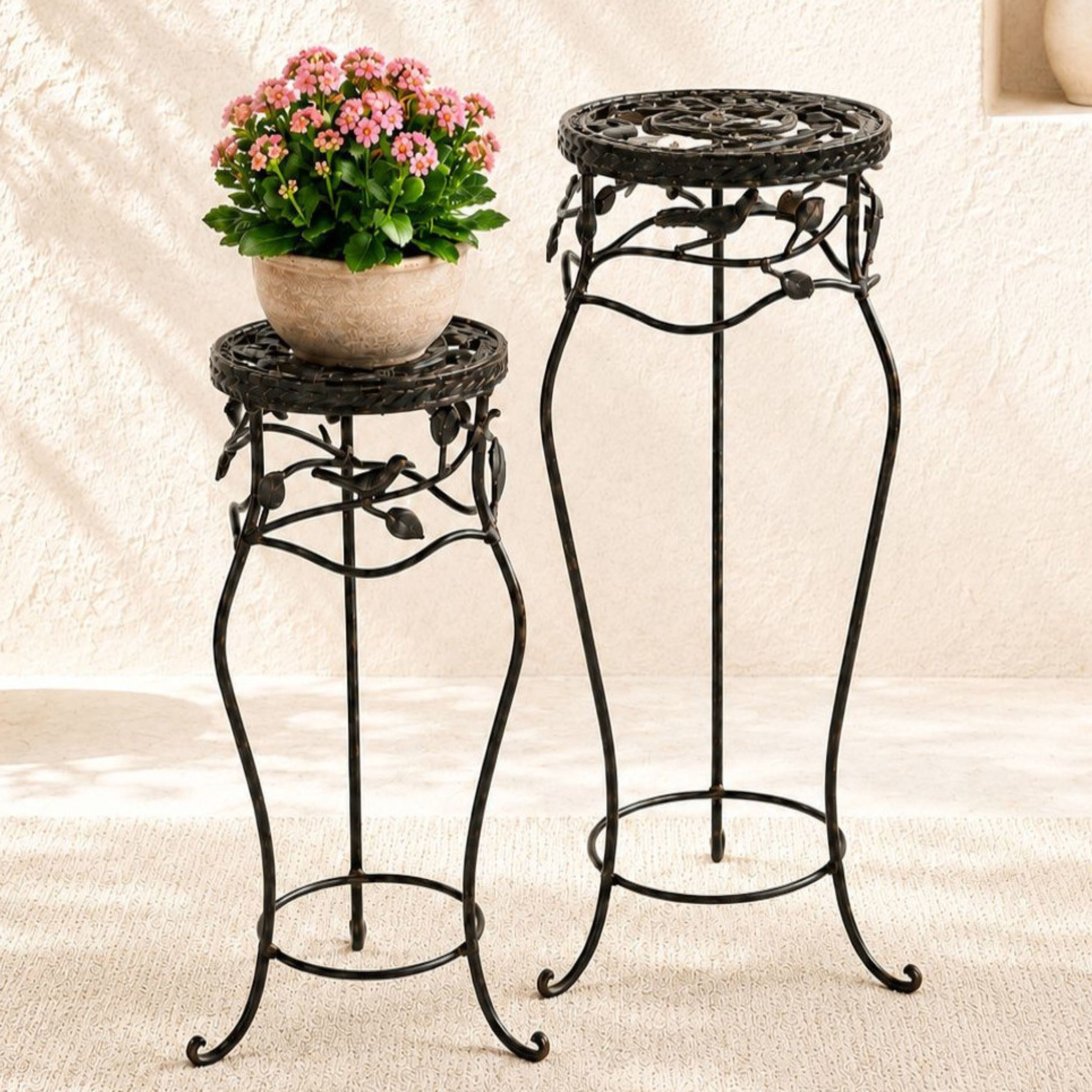 DanDiBo Blumenhocker Metall Schwarz Rund 2er Set 65 cm / 78 cm Blumenhocker 18215, Blumensäule Antik Pflanzenständer Pflanzenhocker Vintage