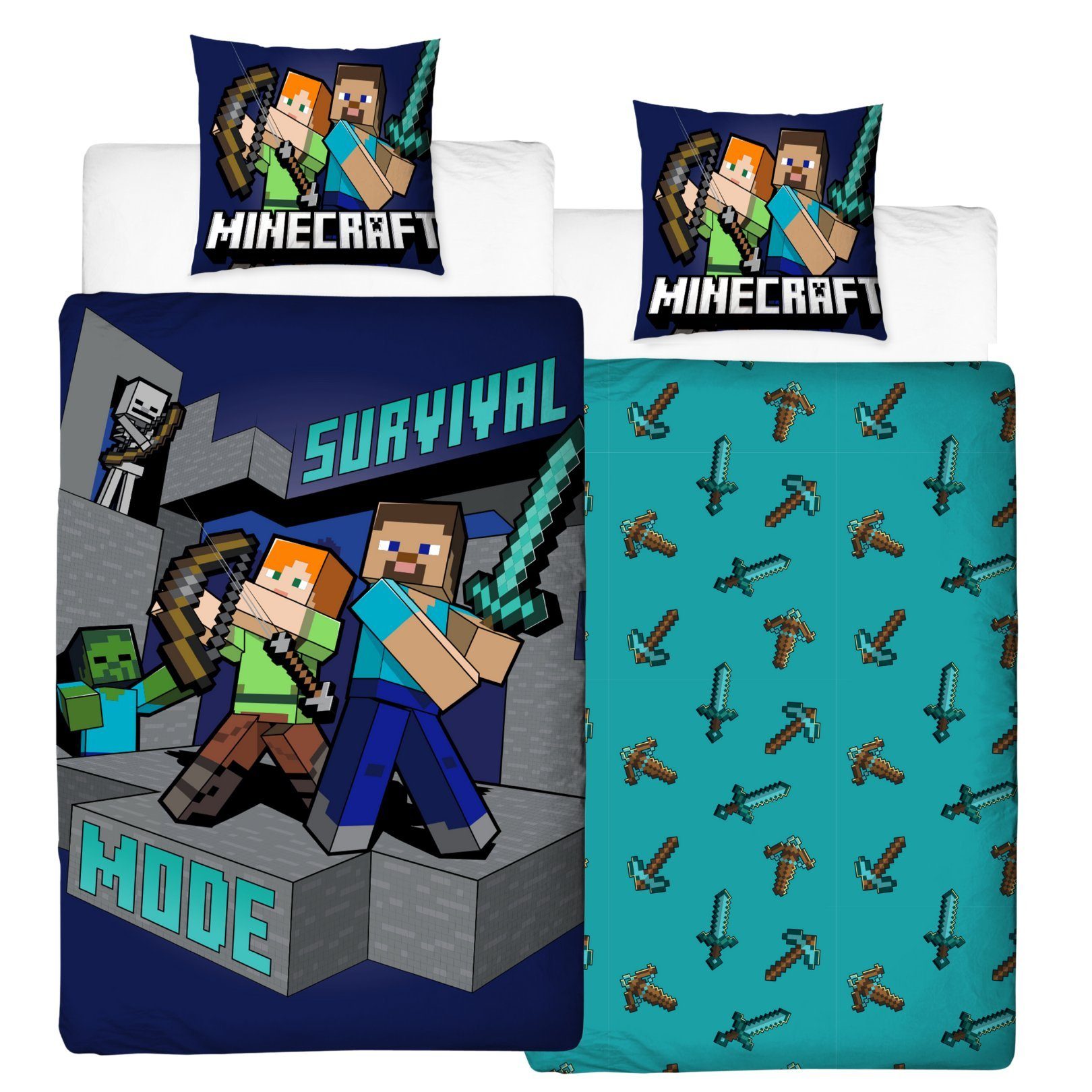 Bettwäsche Minecraft 135x200 + 80x80 cm, 100 % Baumwolle, MTOnlinehandel, Renforcé, 2 teilig, coole & starke Kinder- und Jugendbettwäsche " Minecraft Survival "