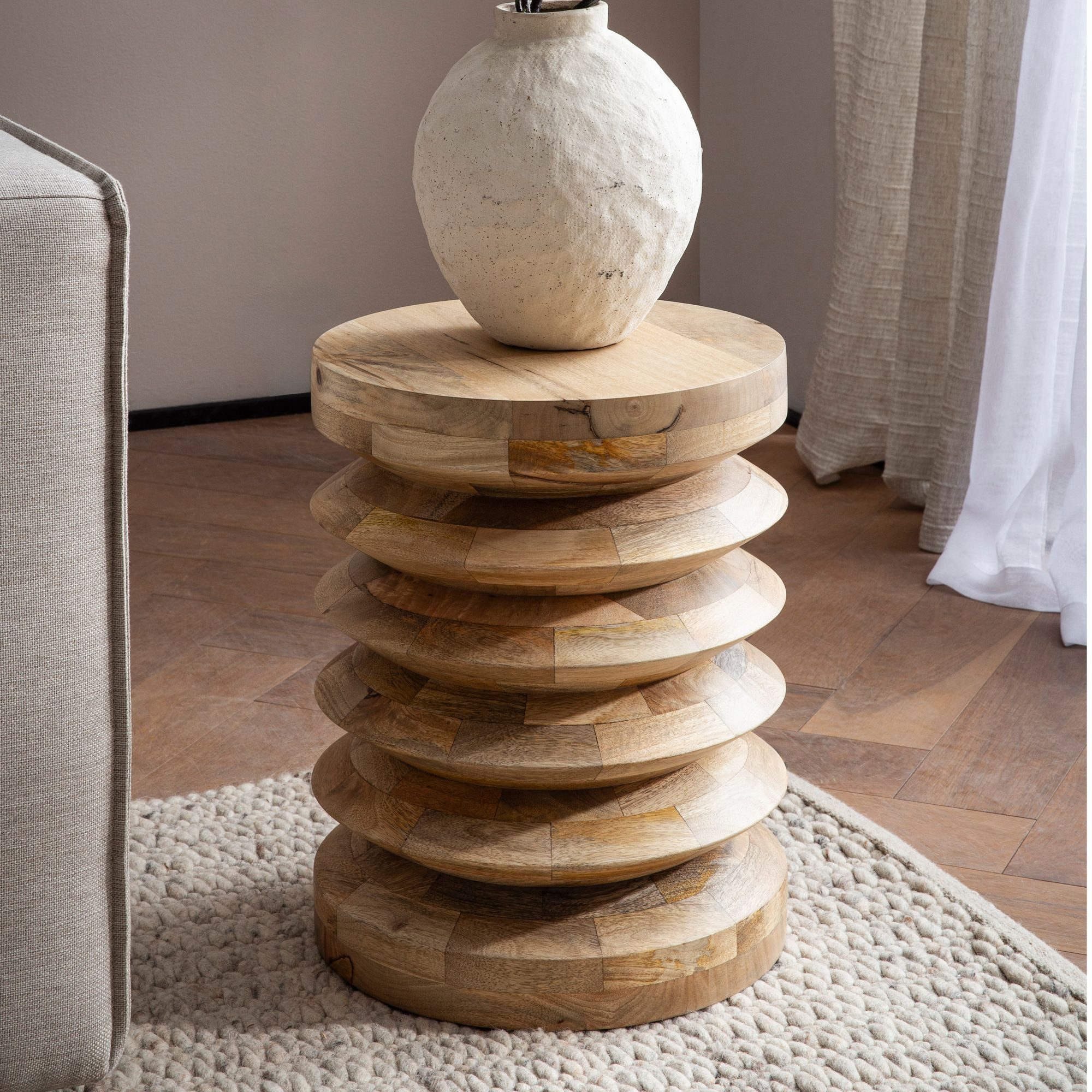 FINEBUY Beistelltisch FB108122 Ø 35 cm Sitzhocker Massivholz Baumstumpf Couchtisch (Wohnzimmertisch Modern, Anstelltisch Rund Hoch), 35x35x45 cm Mango Massivholz, Tisch Naturgebleicht