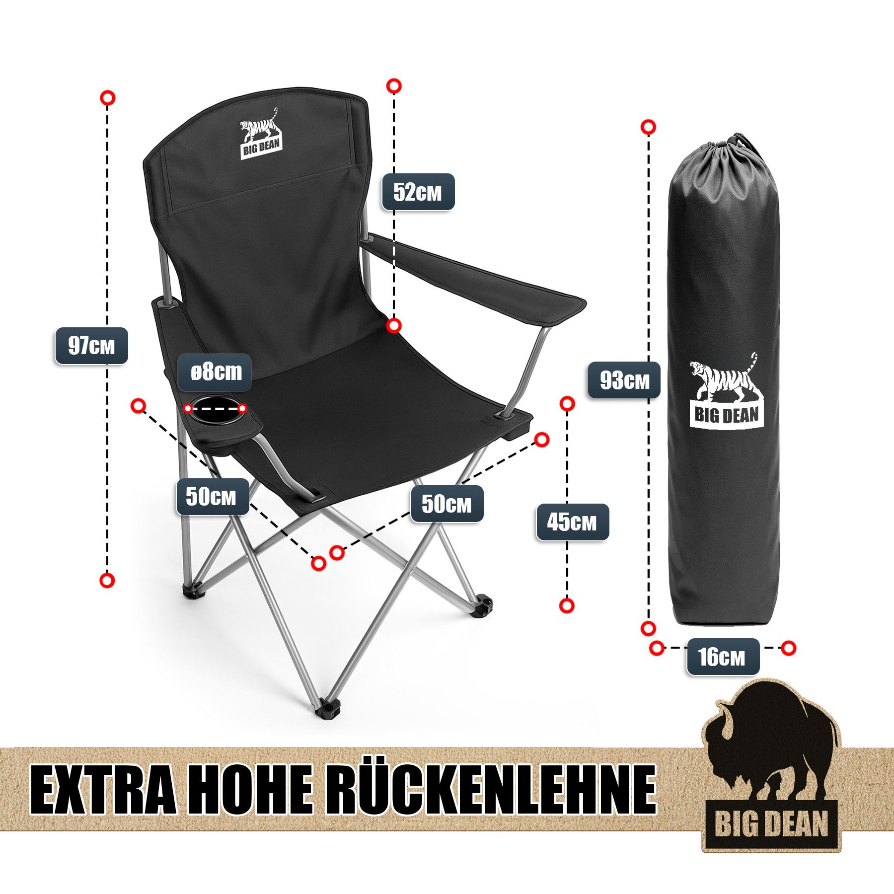 BigDean Campingstuhl 2er Set Campingstuhl extra hohe Lehne max. 150kg belastbar Faltstuhl (Set, 1 St), Verlässlich, Stabil, leicht, Schmutz & Wasser abweisen. – Bild 3 von 5