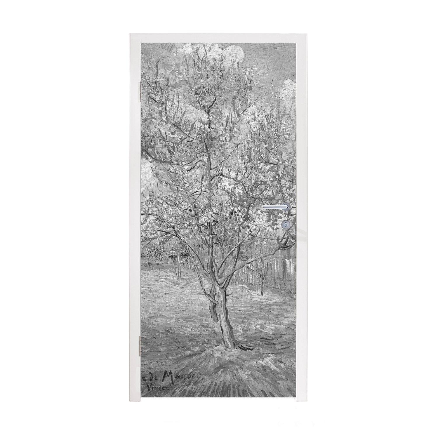 MuchoWow Türtapete Der rosa Pfirsichbaum - Vincent van Gogh - Schwarz und weiß, Matt, bedruckt, (1 St), Fototapete für Tür, Türaufkleber, 75x205 cm