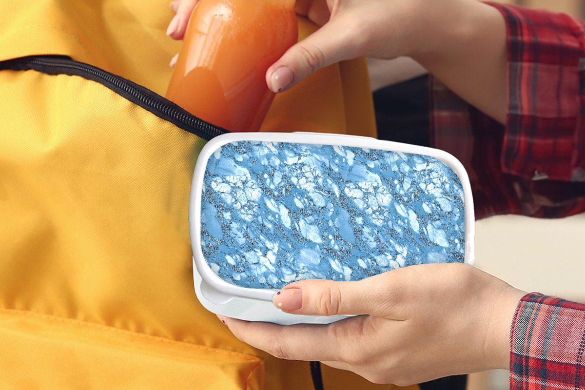 MuchoWow Lunchbox Marmor - und - Glitter Erwachsene, für Kinder Mädchen Brotdose, Jungs für Kunststoff, weiß (2-tlg), und Blau, Brotbox