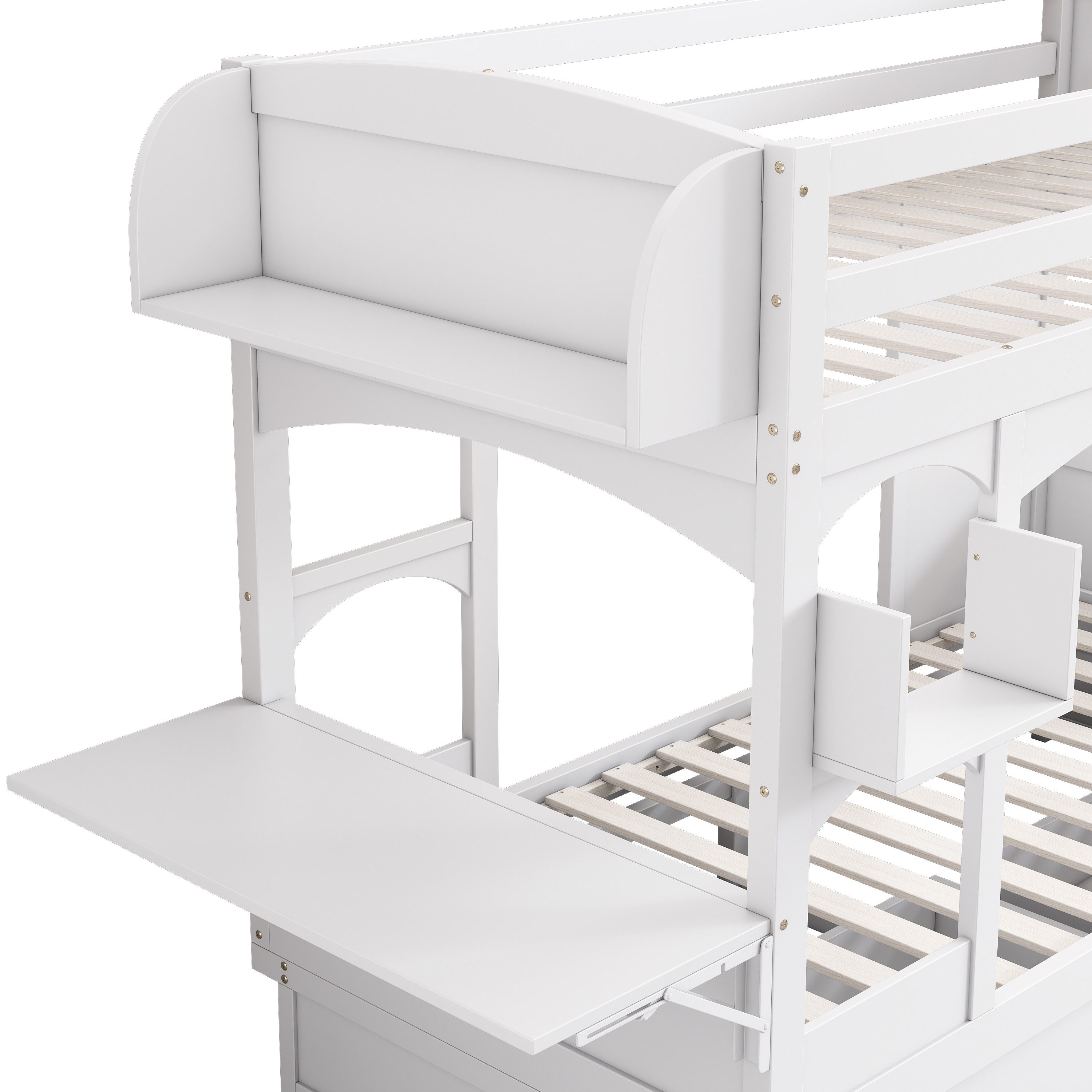 Flieks bunk bed, children's bed with fold-down desk, shelf, 2 drawers 90x200cm