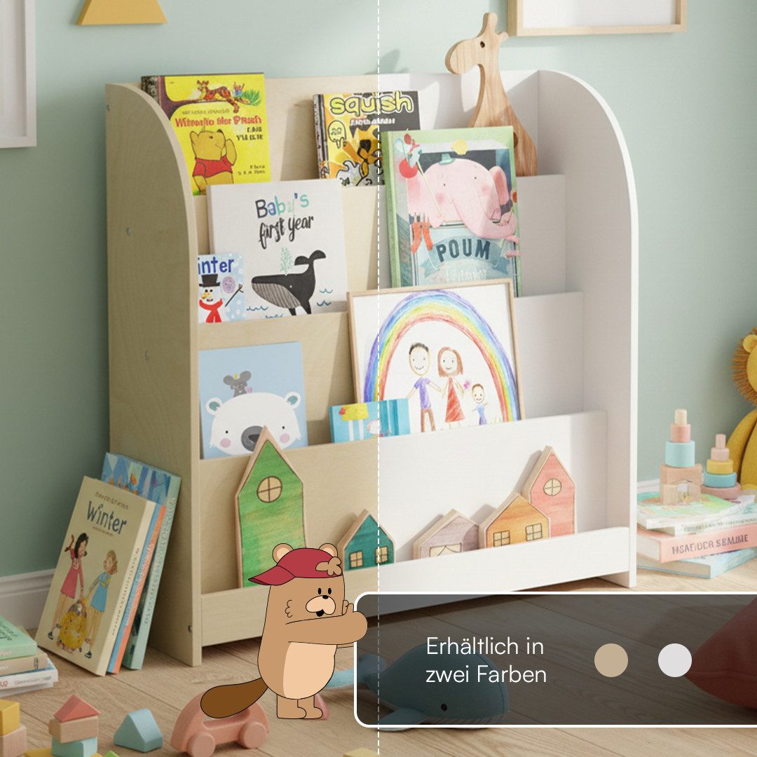 Bellabino Kinderregal Baru mit 4 großzügigen Ablagefächern, natur unbehandelt, Spielzeugregal 88x30x80 cm, Bücherregal Holz, mit 4 breiten Fächern für Bücher & Spielzeug