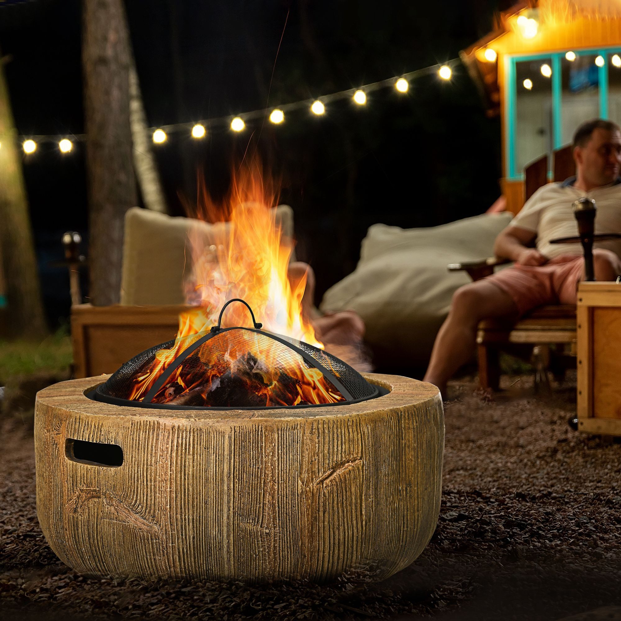 Outsunny Feuerschale Feuerkorb mit Schürhaken, im Baumstumpf-Design, Terrasse, MgO, (Feuerschale, 1-St., Feuerstelle mit Deckel), Stahl, für Garten, Camping, Braun