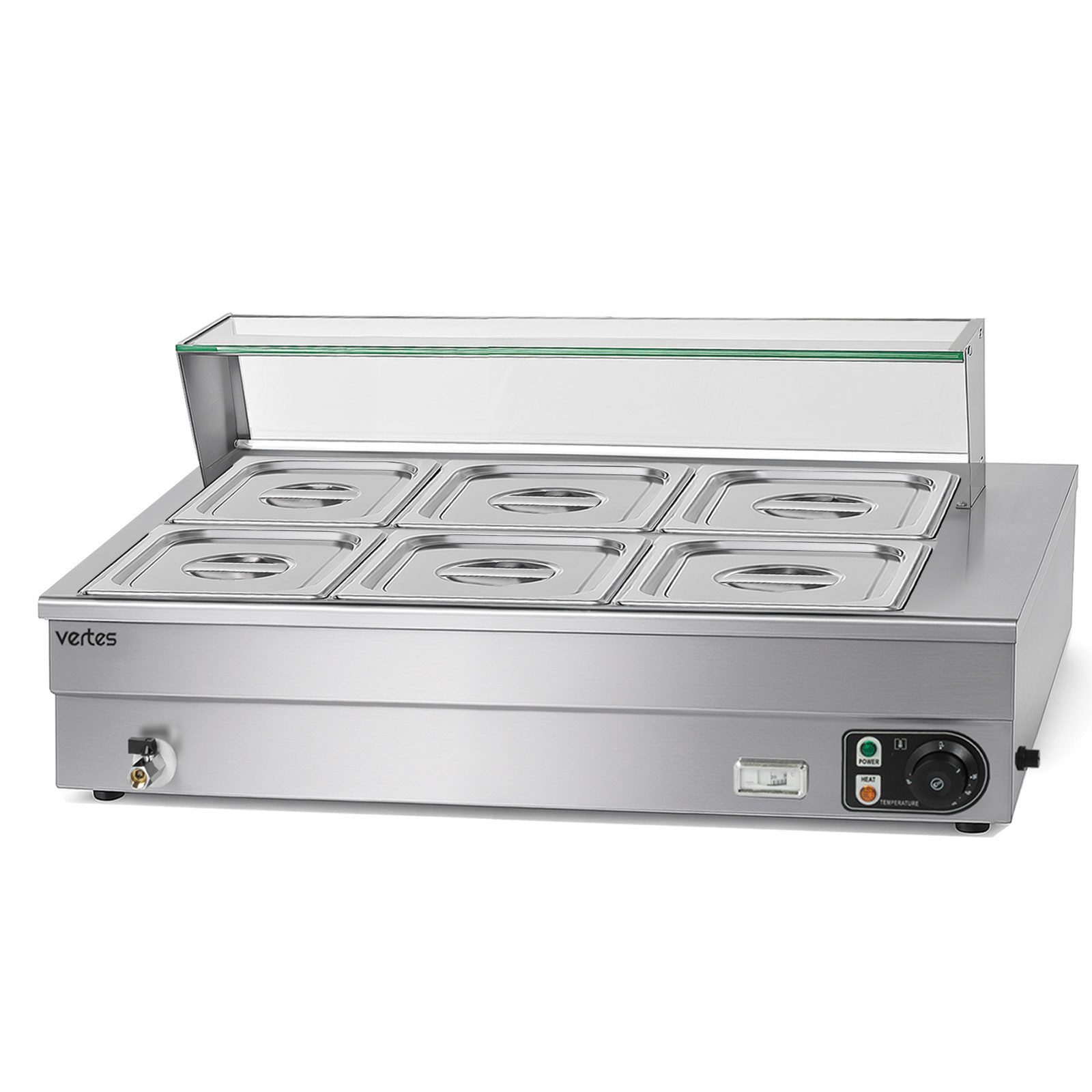 vertes Speisenwärmer Bain Marie Buffetwärmer Für Speisen Elektrisch 1500W aus Edelstahl, Inkl 6x 1/2 GN Behälter mit Deckel, 10L, Ablasshahn, 30-85°C