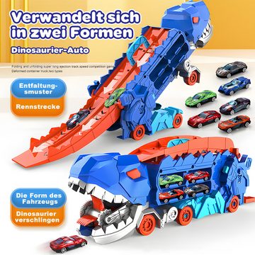 LENBEST Spielzeug-Transporter 2-in-1-ultimativer T-Rex-Transporter mit Lichtern und Geräuschen, (Spielzeugaufbewahrung für 20 Autos, inklusive 8 Spielzeugautos), Spielzeug für Kinder ab 4 Jahren, Transporter, mit Rennstrecke