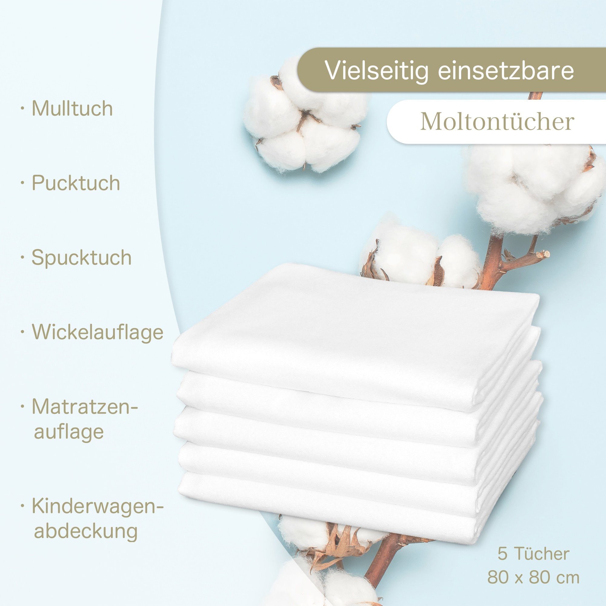 KiGATEX Stoffwindeln Moltontuch 80x80 cm 100% Baumwolle (Sparset, 5er Pack), weich und hautsympatisch, OEKO-TEX® zertifiert