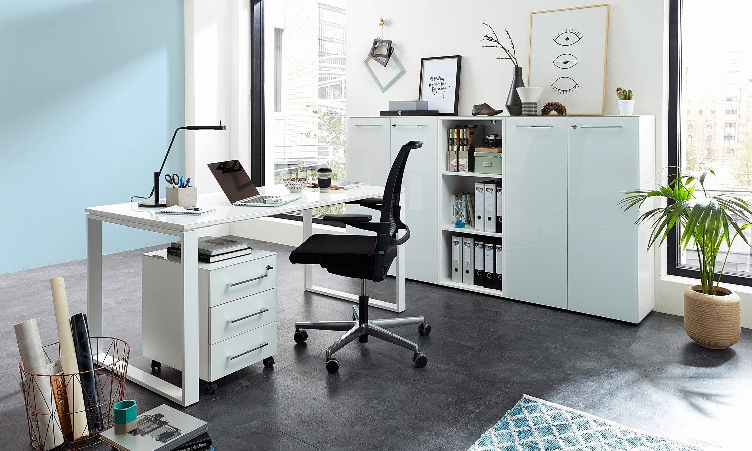 moebel-dich-auf Aktenschrank MONTERREY (Set 2 Büromöbel-Set Arbeitszimmer) abschließbar, Oberboden und Front aus Glas weiß