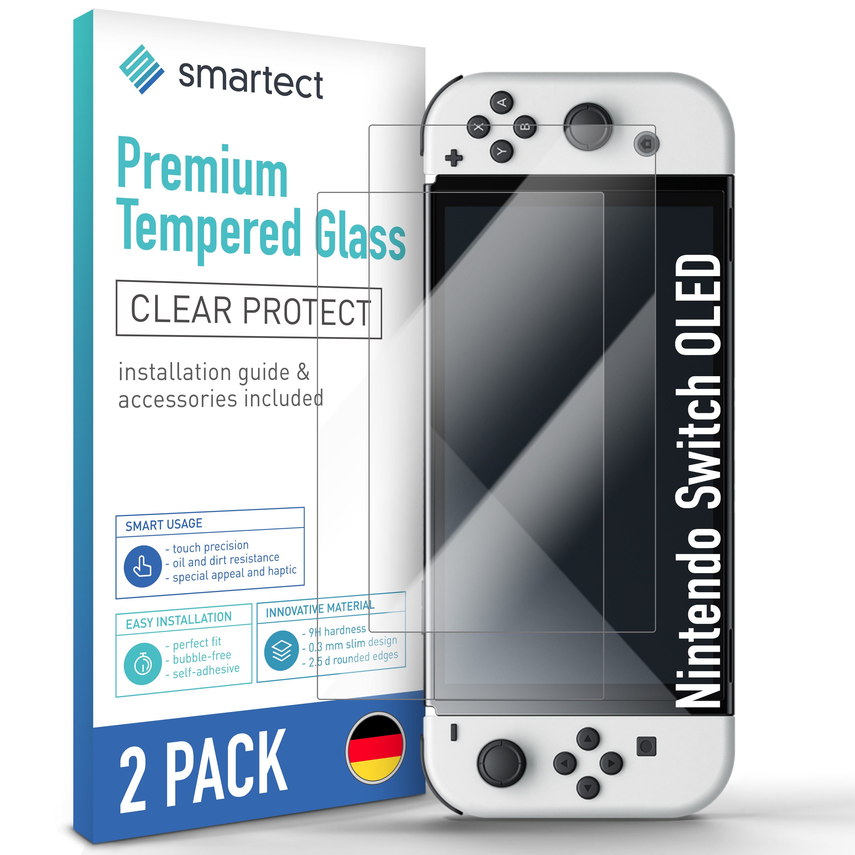 smartect Displayschutzglas 2X Schutzglas Panzerfolie Klar für Nintendo Switch OLED für Nintendo Switch OLED, Set, 2 Stück, 0.3 mm Ultra-klar, 9H Härte, Kratzfest, Stoßfest, Blasenfrei, Oleophob