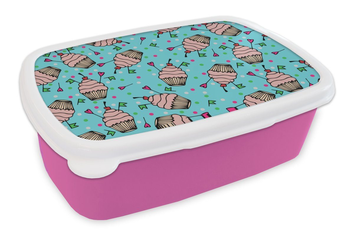 MuchoWow Lunchbox Cupcake - Punkte - Party - Muster, Kunststoff, (2-tlg), Brotbox für Erwachsene, Brotdose Kinder, Snackbox, Mädchen, Kunststoff rosa