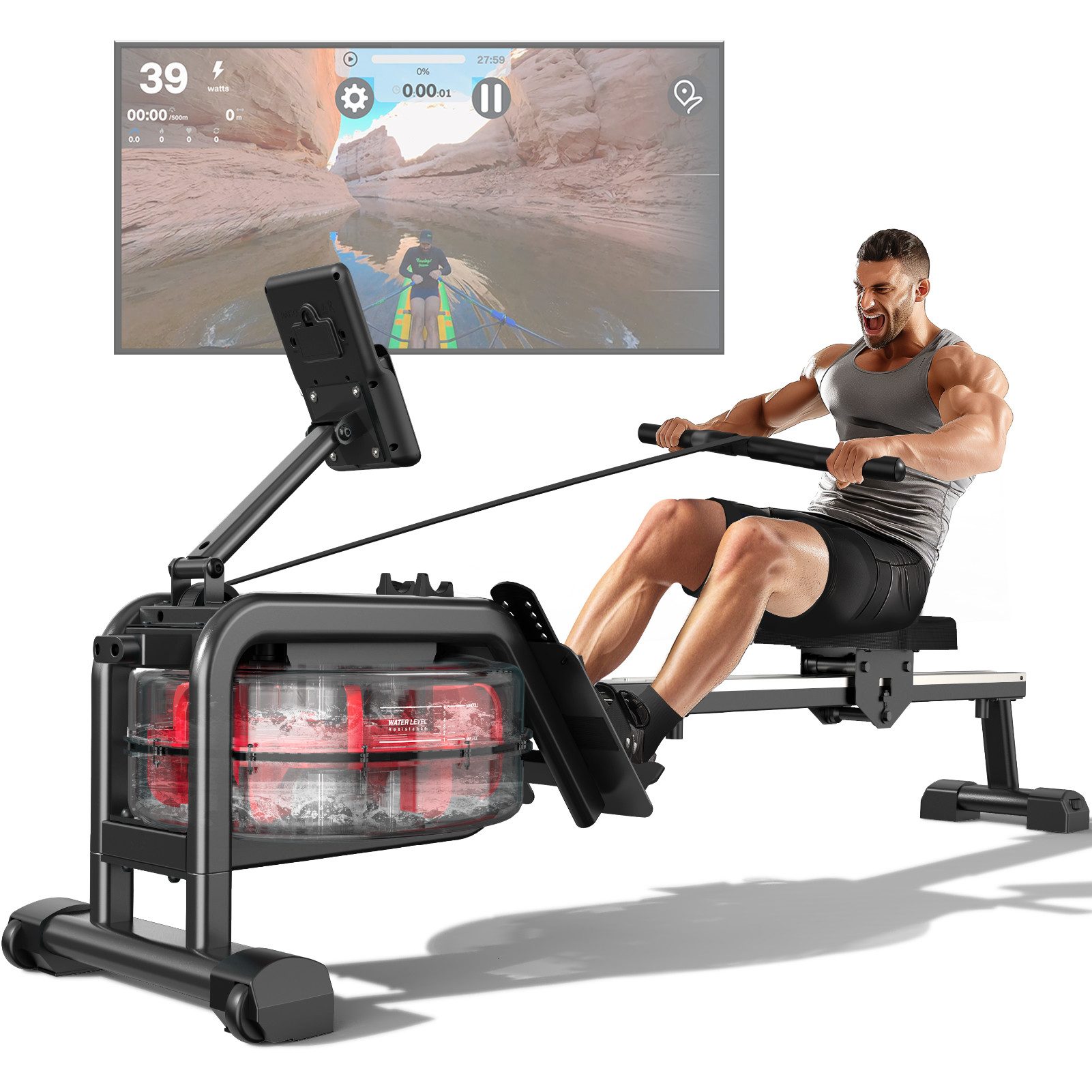 VOWVIT Rudergerät für Zuhause, mit Bluetooth-Monitor und Tablet-Halterung, kompatibel mit der Kinomap-App, max. Benutzergröße 210 cm