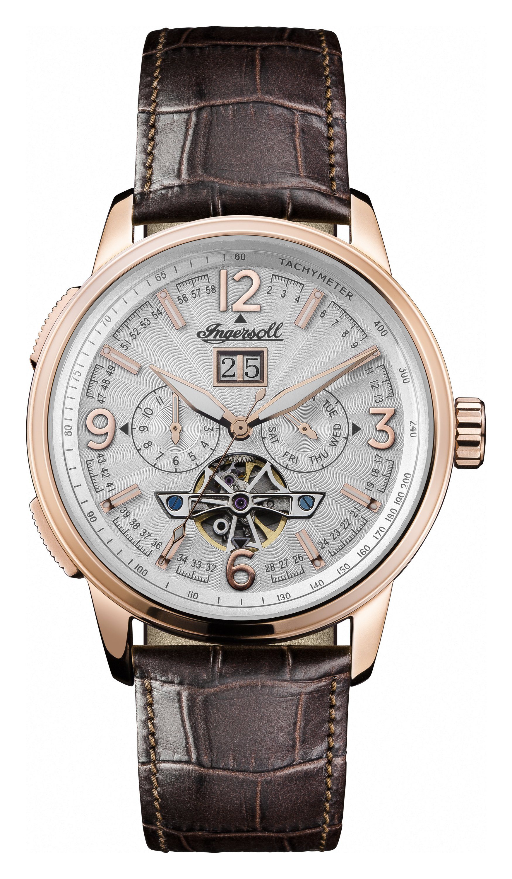Ingersoll Automatikuhr THE REGENT AUTOMATIC Automatikuhr 100 Edelstahl offene Unruh und Tachymeter Aus hochwertigem beschichteten Edelstahl