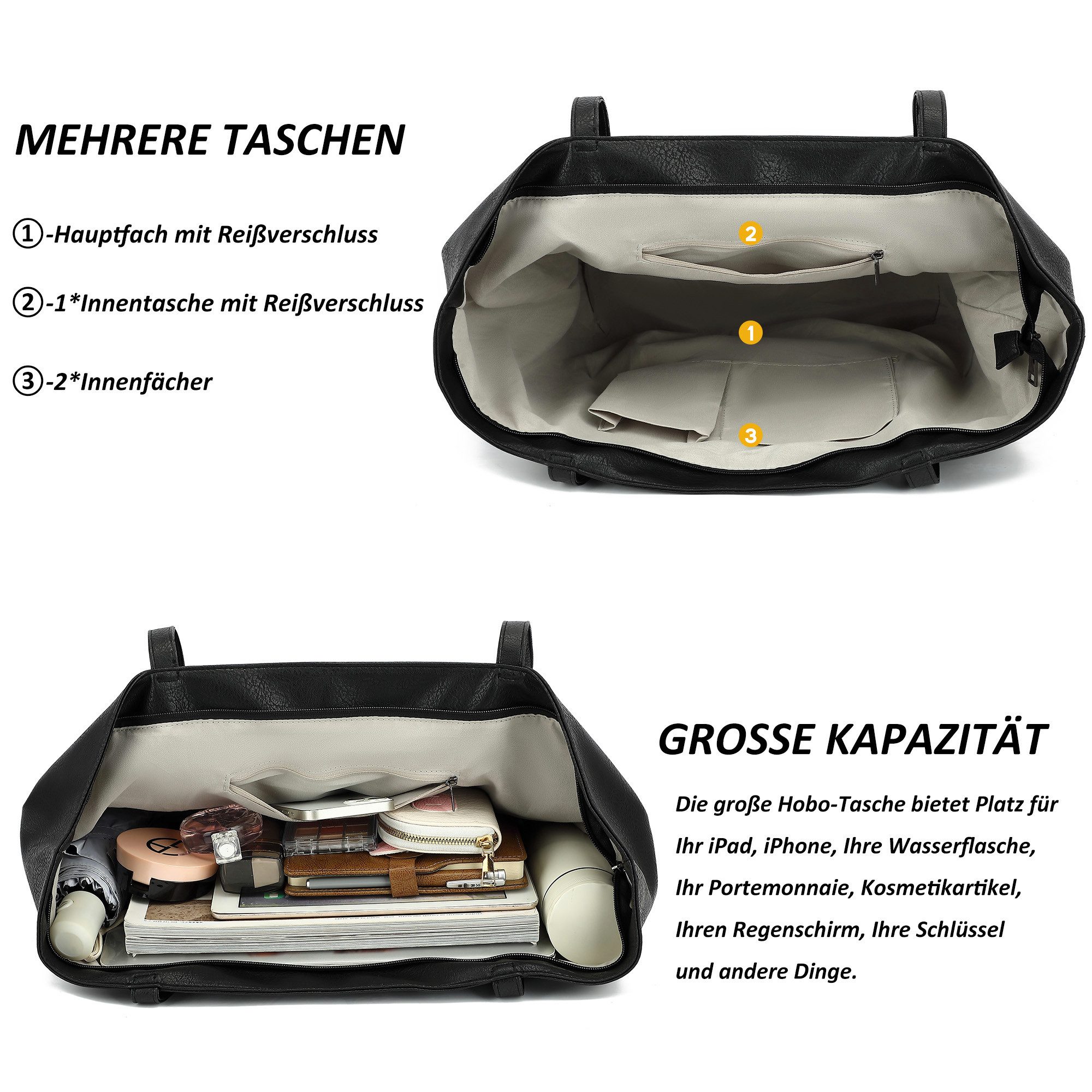 TAN.TOMI Schultertasche Umhängetasche Shopper Bag mit Reißverschluss, Mit Innentaschen, dekorative Anhänger für Arbeit Einkauf Reisen – Bild 4 von 5