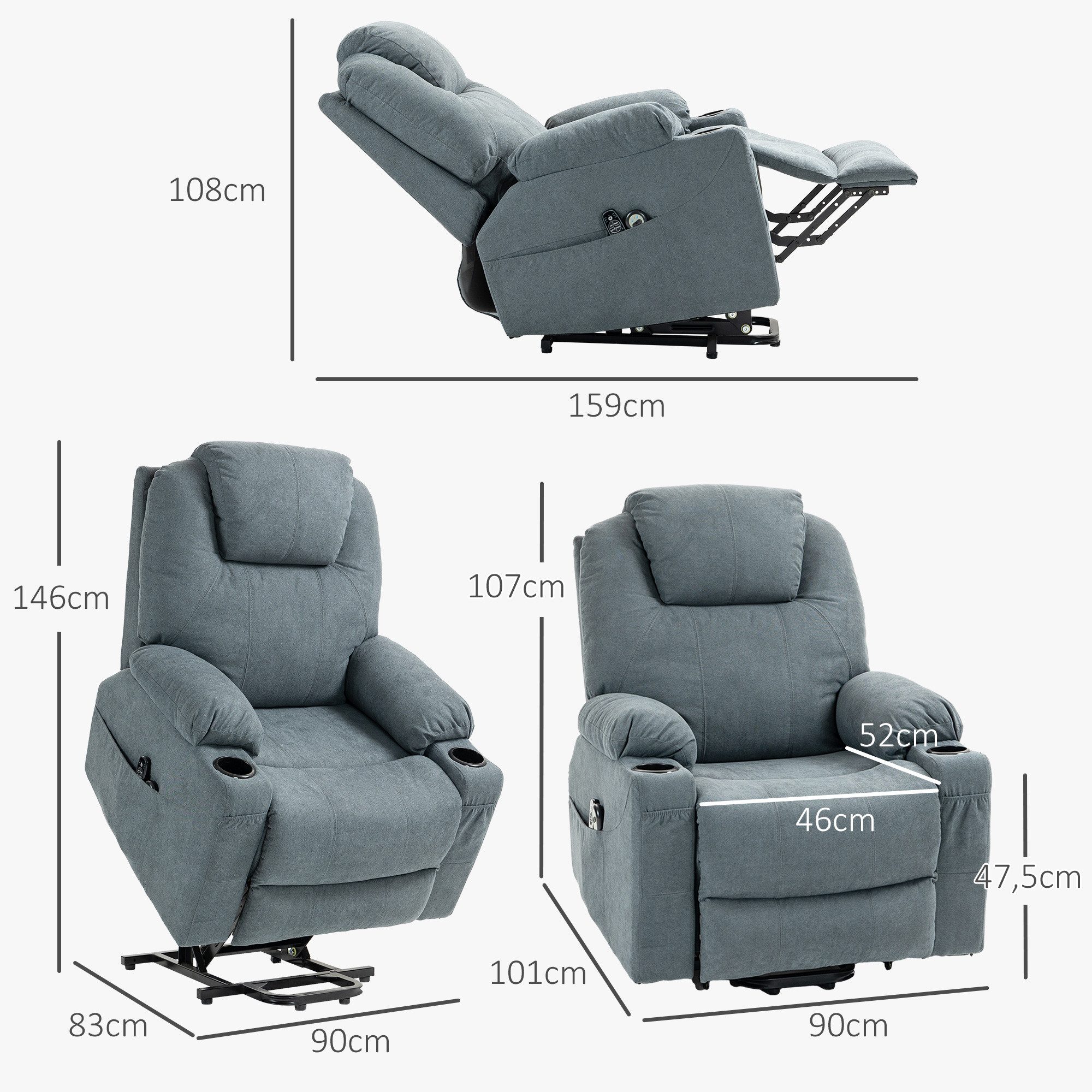 HOMCOM Massagesessel TV-Sessel mit Aufstehhilfe Elektrisch, Massagefunktion, Heizfunktion (Fernsehsessel mit Fernbedienung, 1-St., Relaxsessel mit Liegefunktion – Bild 3 von 5