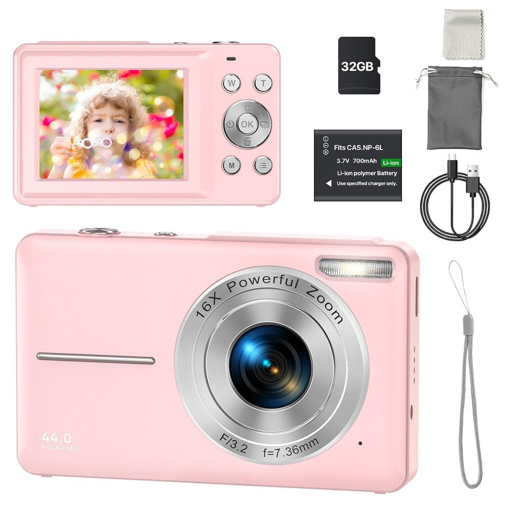 TUWENA Digitalkamera 1080P44MP Fotokamera mit 32G Karte 1Akku 16X Digitalzoom Kompaktkamera (44 MP, Fotoapparat Tragbare Kompaktkamera 2,4"LCD für Kinder Teenager Student)
