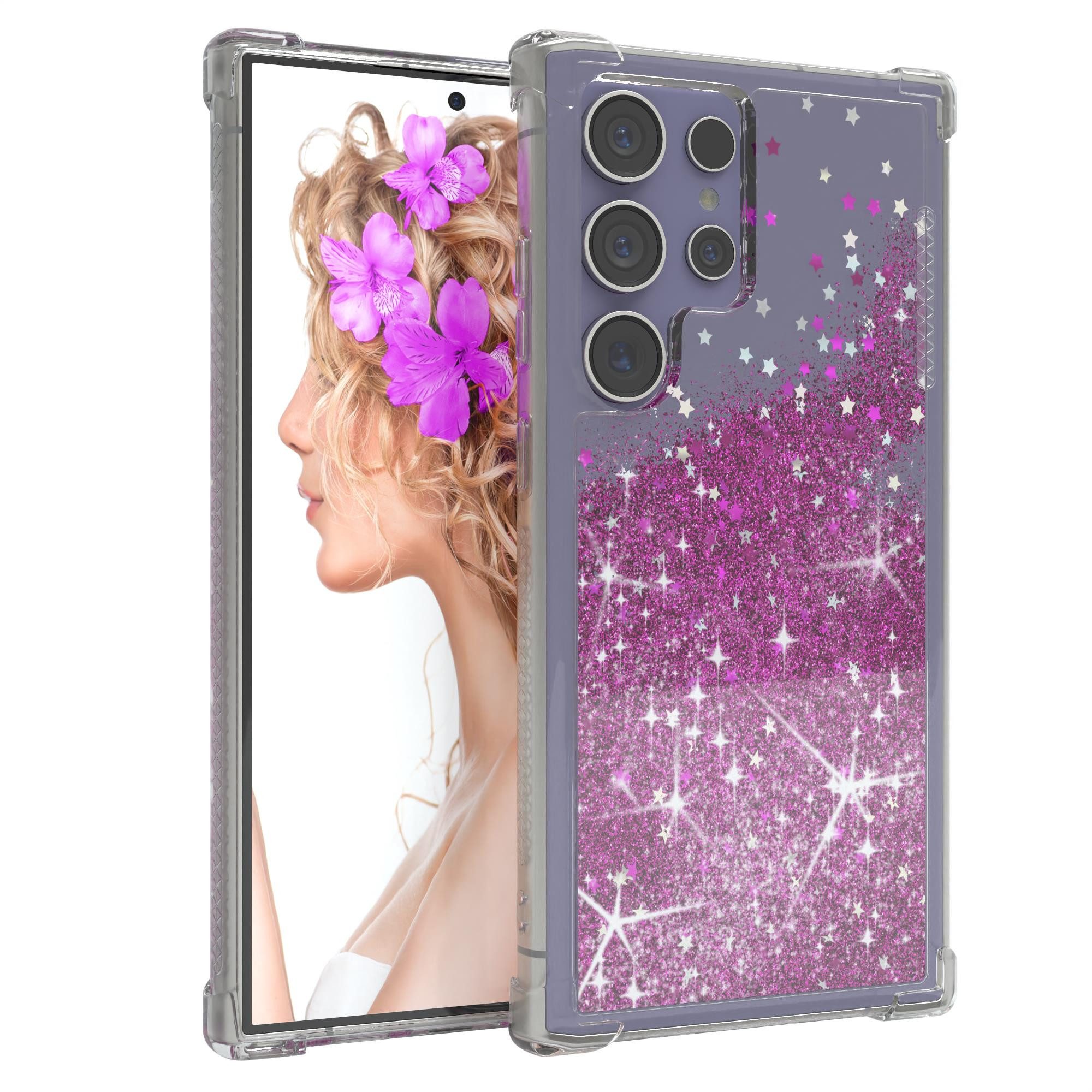 EAZY CASE Handyhülle Liquid Glittery Case für Samsung Galaxy S24 Ultra 6,8 Zoll, Bumper Case Back Cover Glitter Glossy Handyhülle Etui Violett Lila