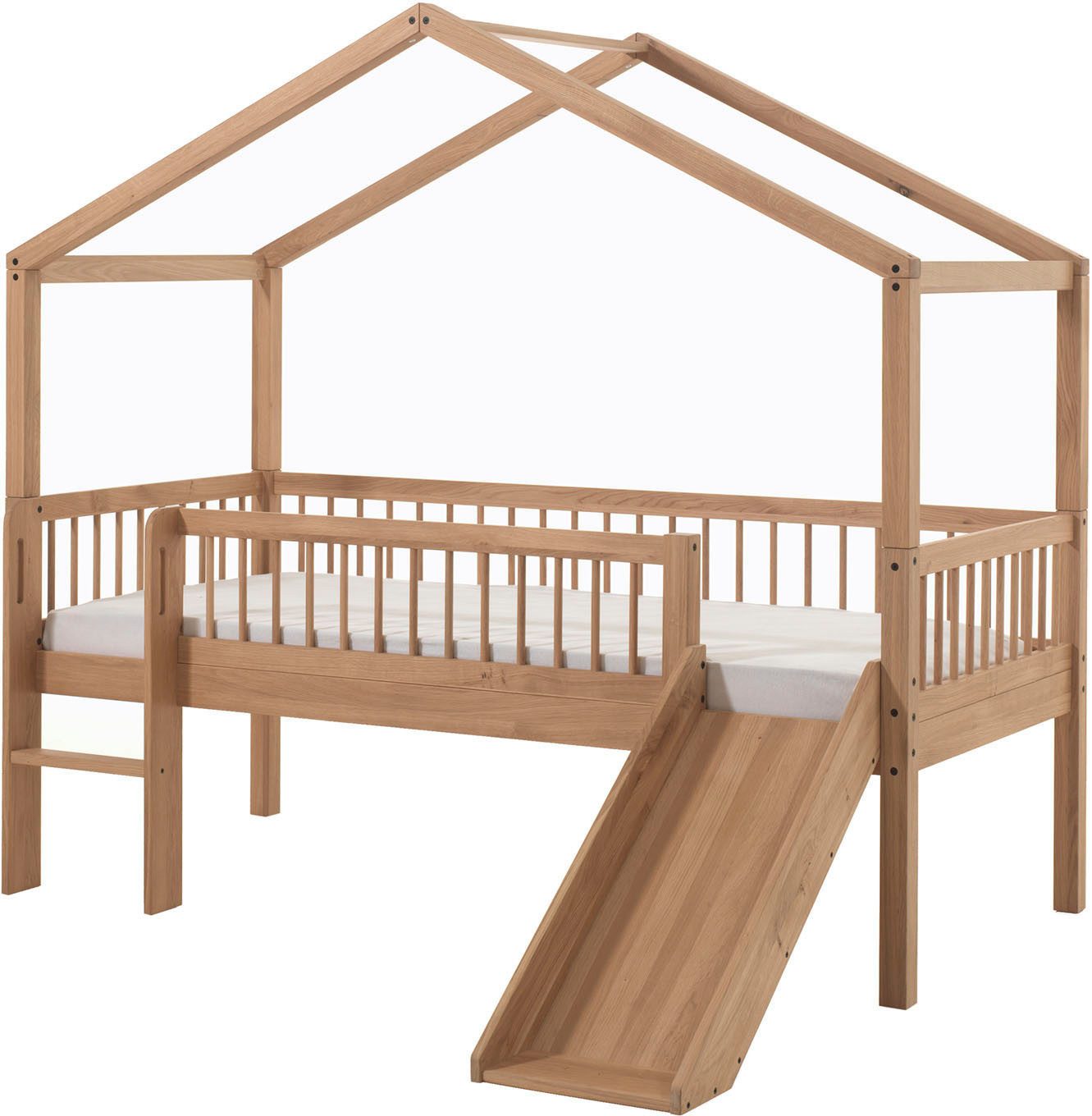 Vipack Hausbett Forrest ist ein hochwertiges Massivholz Haus Bett "Made in Europe" (inkl. Rolllattenrost, Dachaufbau, Absturzschutz, Leiter und Rutsche), wahlweise aus massiver Eiche geölt oder Buche massiv weiß lackiert