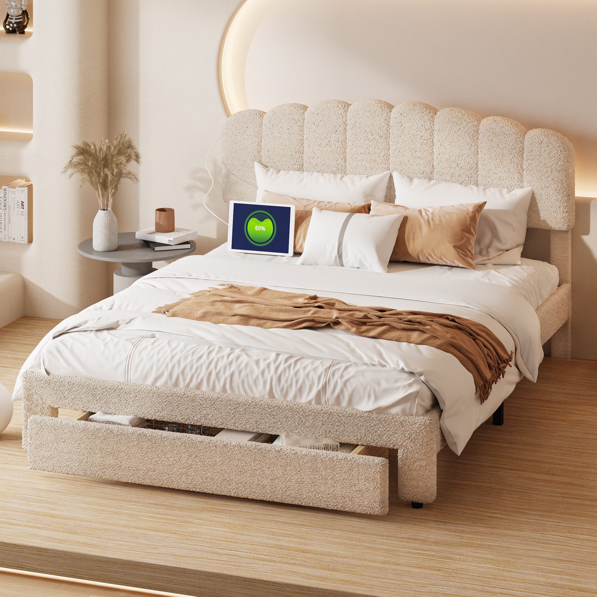 Simurq Polsterbett Doppelbett 160x200 cm Beige, Polsterbett mit USB und USB-C (höhenverstellbarem Kopfteil)