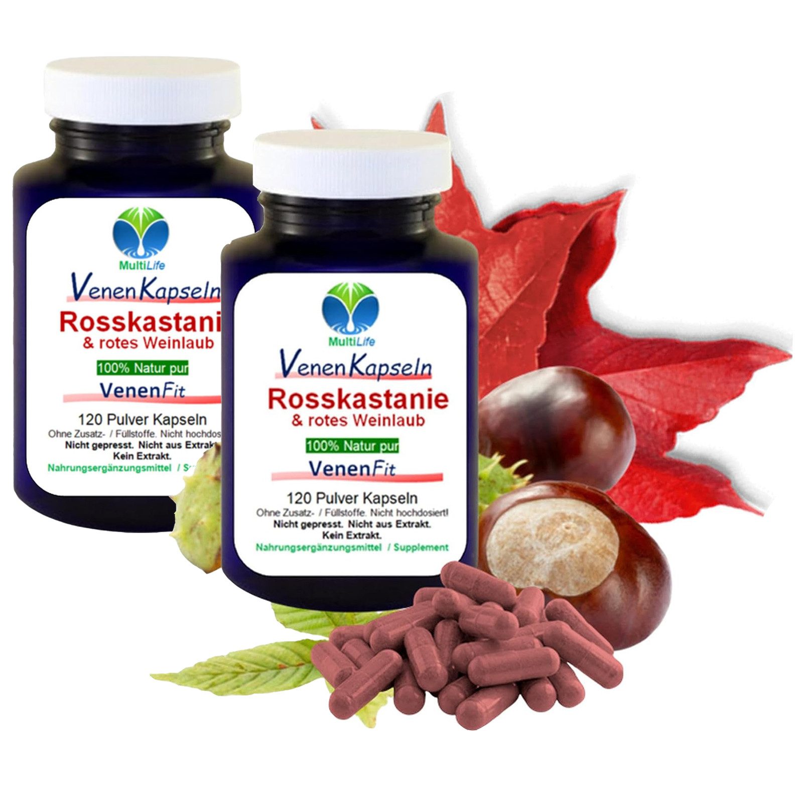 MultiLife Rosskastanie + Weinlaub für das Bein-Wohlbefinden ohne Zusatzstoffe Kapseln, 2 er Dose à 120 St., 132 g, Art. 27337-2