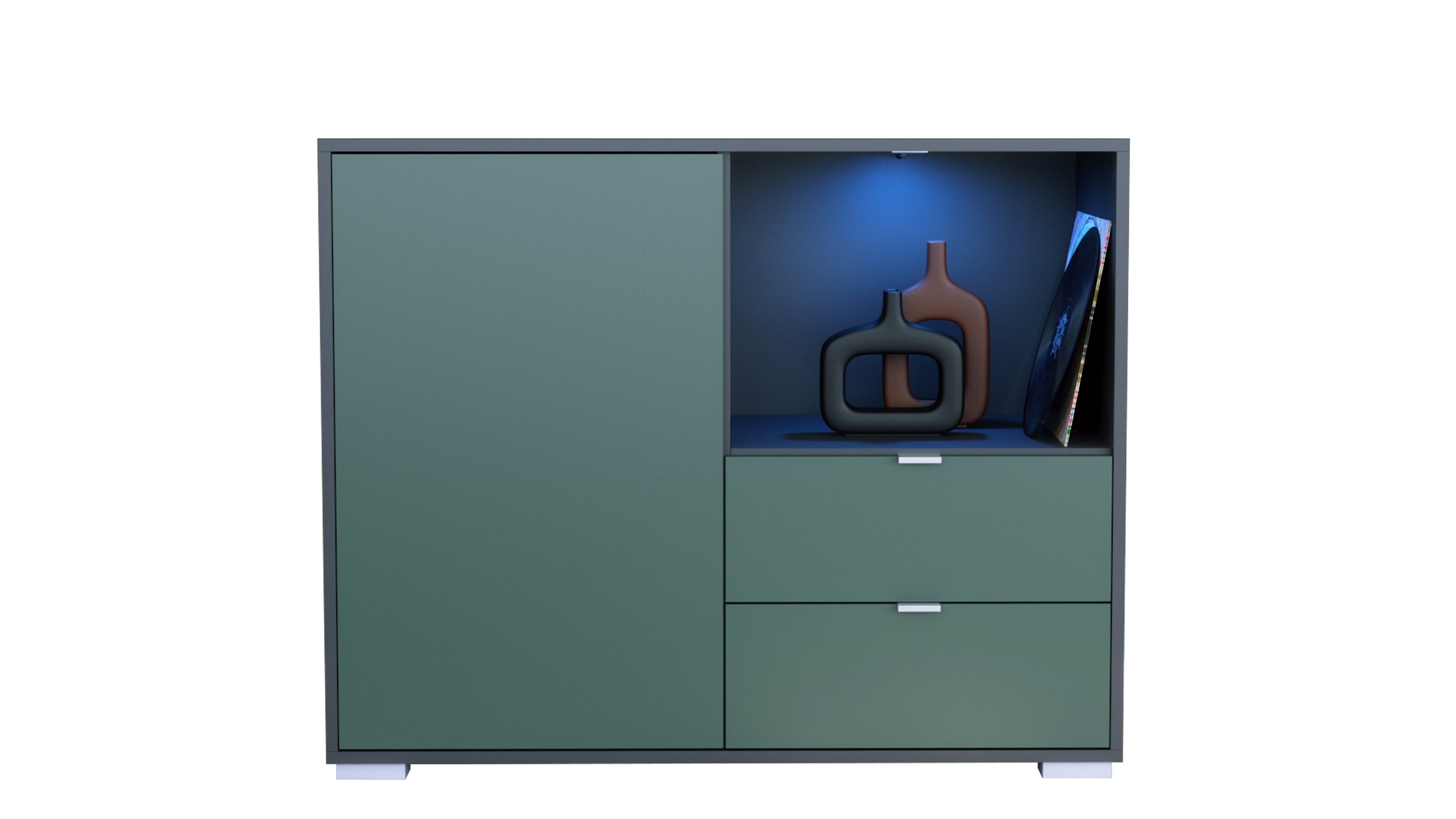 Vladon Kommode Milano (Kommode mit 1 Tür Fjord Grün, 2 Schubladen Fjord Grün, inkl. LED, Made in Germany), Korpus Anthrazit matt (103 x 83 x 37 cm)