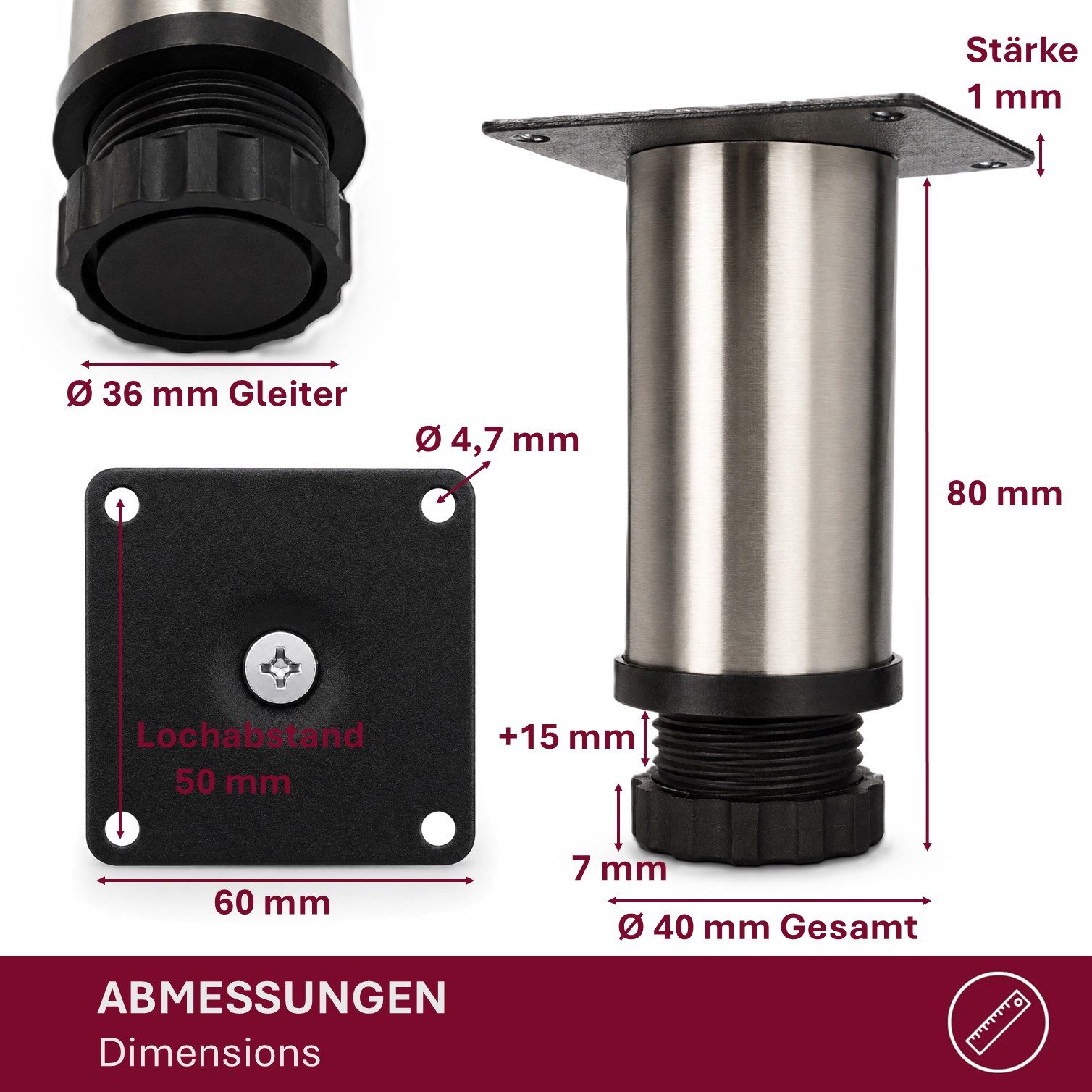 HOOZ Möbelfuß Edelstahl 80mm Standfuß rund höhenverstellbar 4er Set gebürstet, (Set, 4-St., 4er-Set Möbelbeine), Höhenverstellbar bis 15 mm mit integriertem Bod – Bild 4 von 5