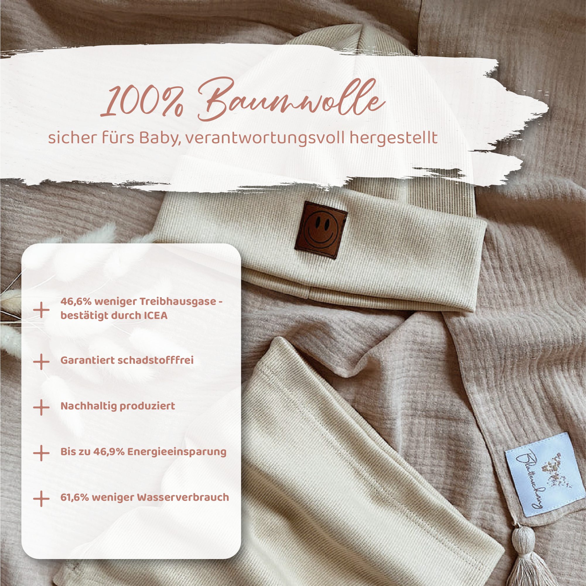 Blätterschming Beanie Mütze Gerippt mit Loop Schal – Motiv Smile Babymütze Gerippte Beanie mit Loop Schal und Smile-Patch