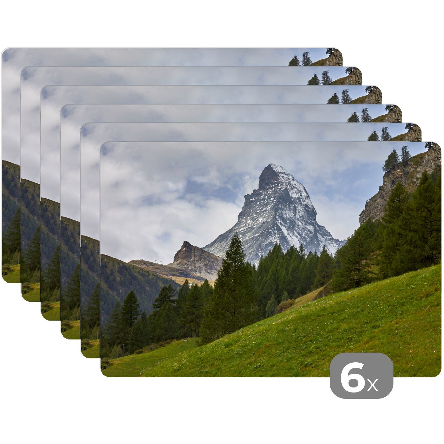 Platzset, Das Platzdecken, MuchoWow, Schmutzabweisend Platzmatte, Schweizer einem Tischmatten, Platzset, Tannenwald, (6-St), Matterhorn hinter