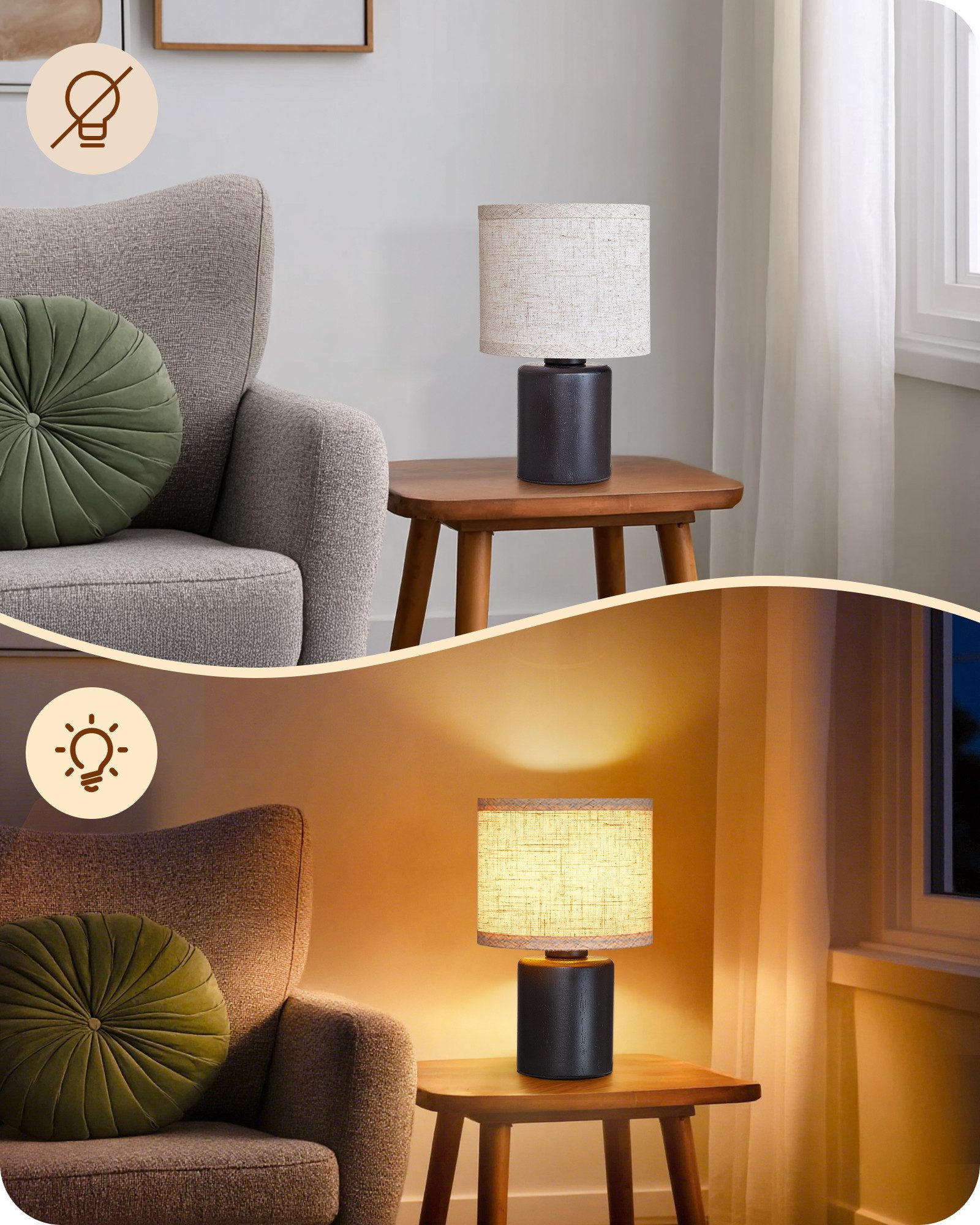 EDISHINE Nachttischlampe mit Massivholzsockel & Leinen-Lampenschirm, LED wechselbar, Warmweiß, Höhe 30 cm, inkl. 4W LED-Leuchtmittel