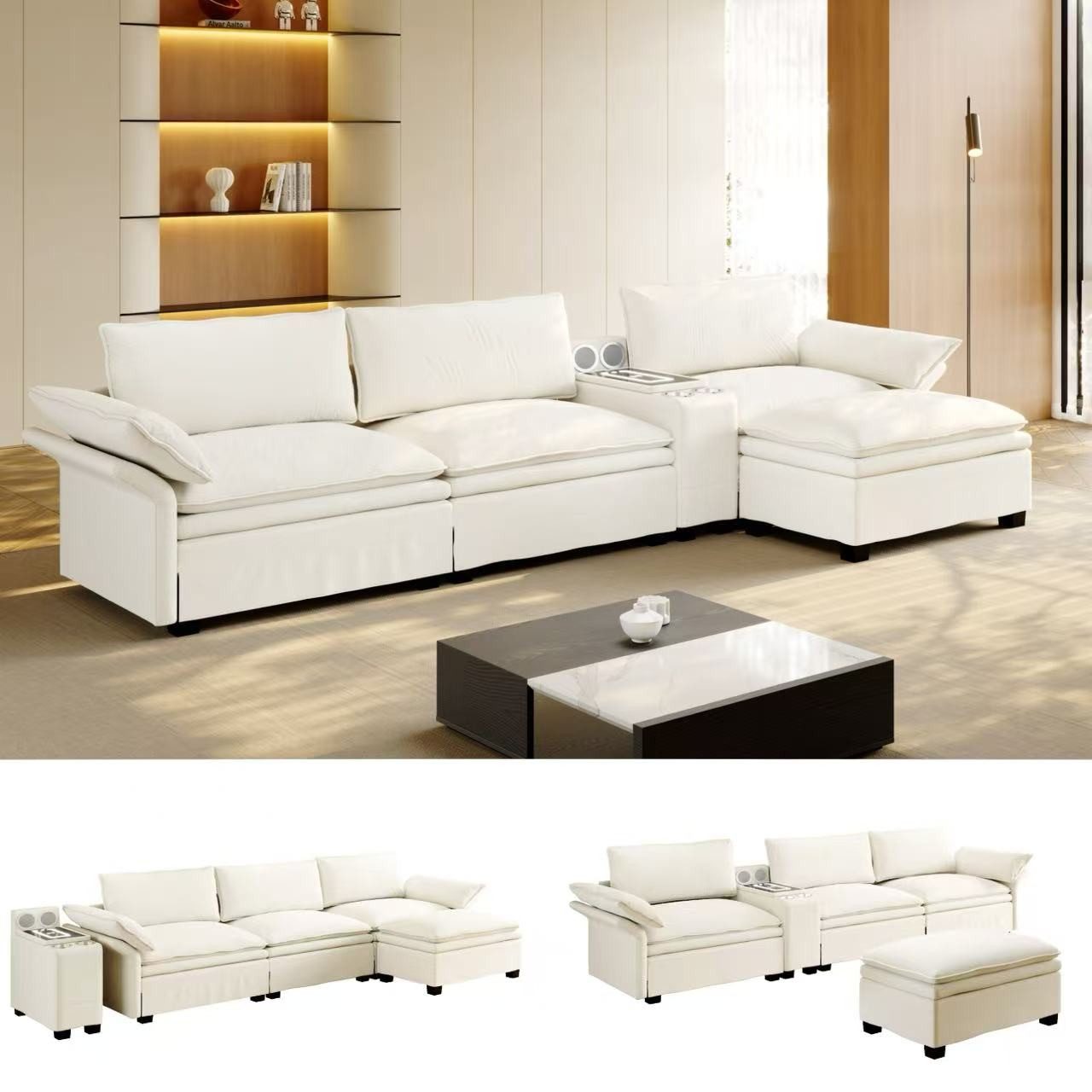 Totnz Sofa Modulares 4-Sitzer Sofa mit Ottoman, verstellbare Rücken- & Armlehnen, Bluetooth-Lautsprecher, Getränkehalter, Chenille-Bezug
