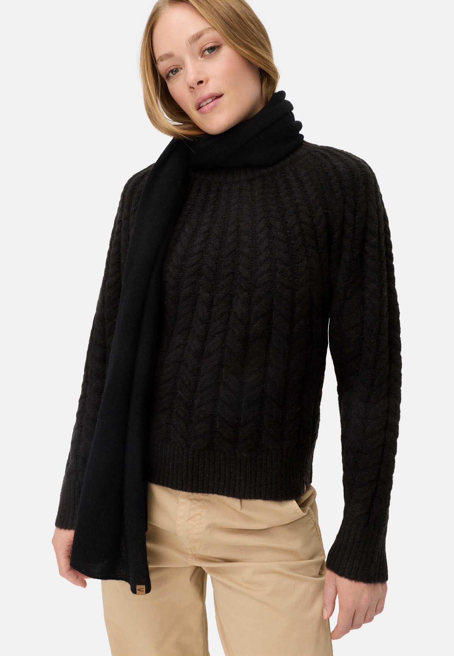 camel active Strickpullover mit Rundhalskragen Langarm Markenlogo