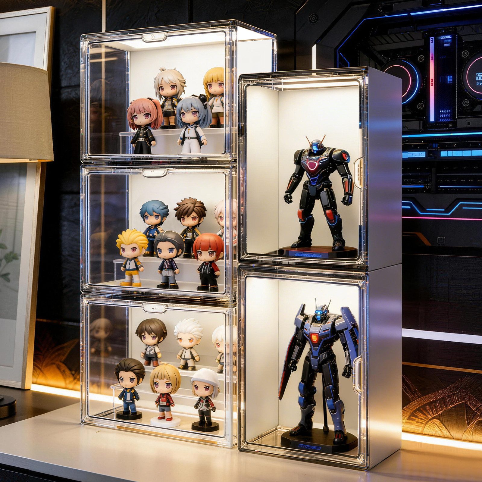 XERSEK Vitrine Acryl Displaybox mit LED, Magnettür, Transparent Organizer 36×22 ×27cm (2 Set] Staubdicht, Stapelfähig, Horizontal oder Vertical Platzierbar) Acryl-Vitrine für Figuren, Handtaschen, Spielzeug, Handwerk, Bücher