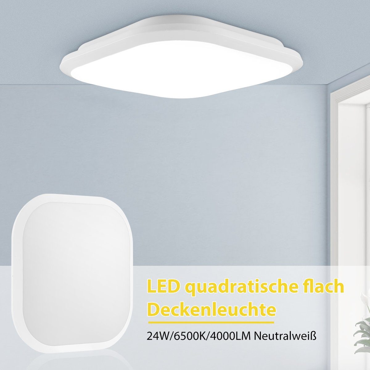 LETGOSPT LED Deckenleuchte 24 für Quadratisch, Küche, fest Badezimmer, 30x30x6cm, LED LED 4000 Weiß Deckenlampe, integriert, 6000K Flur Lumen, Watt Modern Schlafzimmer, ‎Kaltweiß