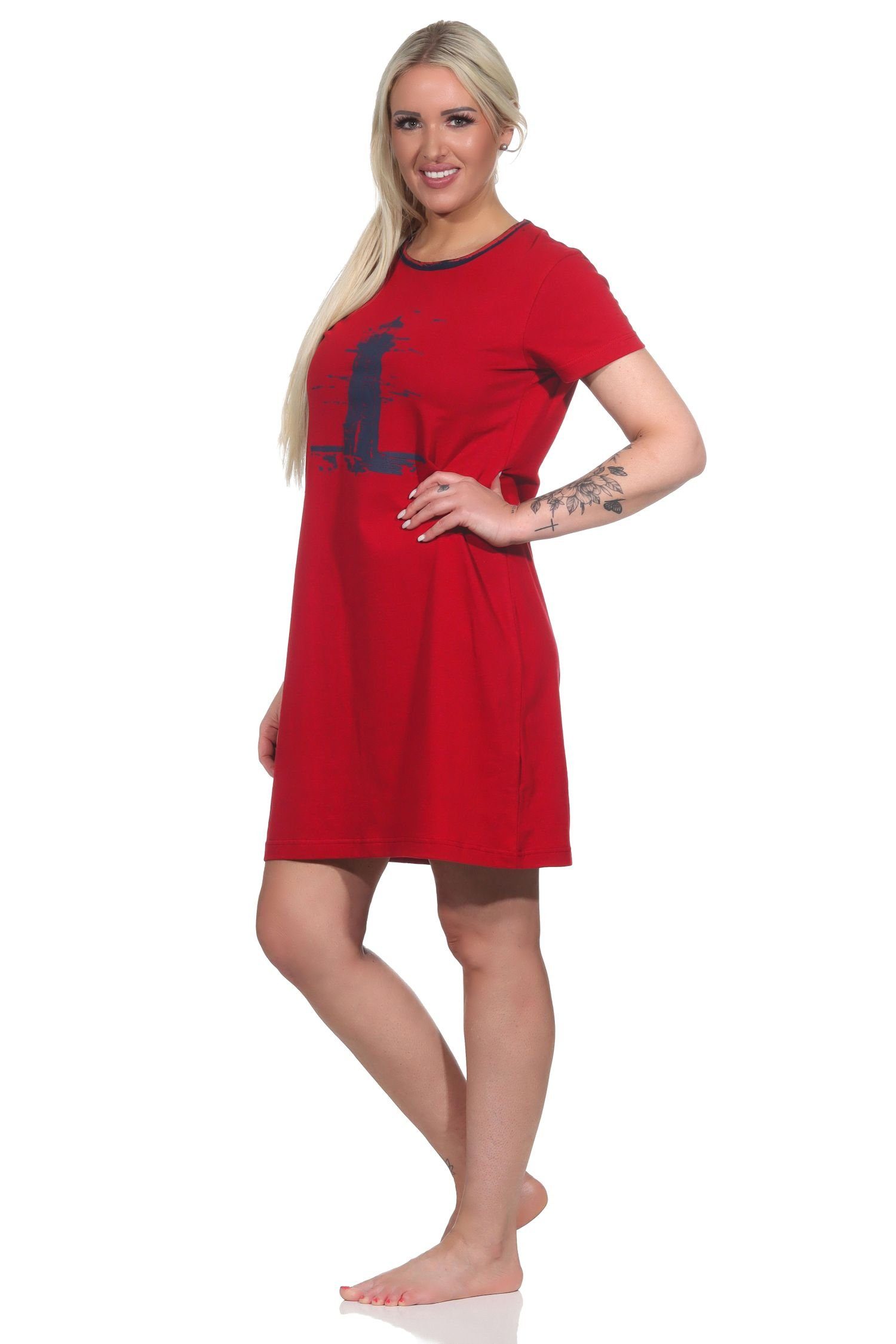 Normann Nachthemd Maritimes Damen kurzarm Nachthemd mit Leuchtturm Motiv rot