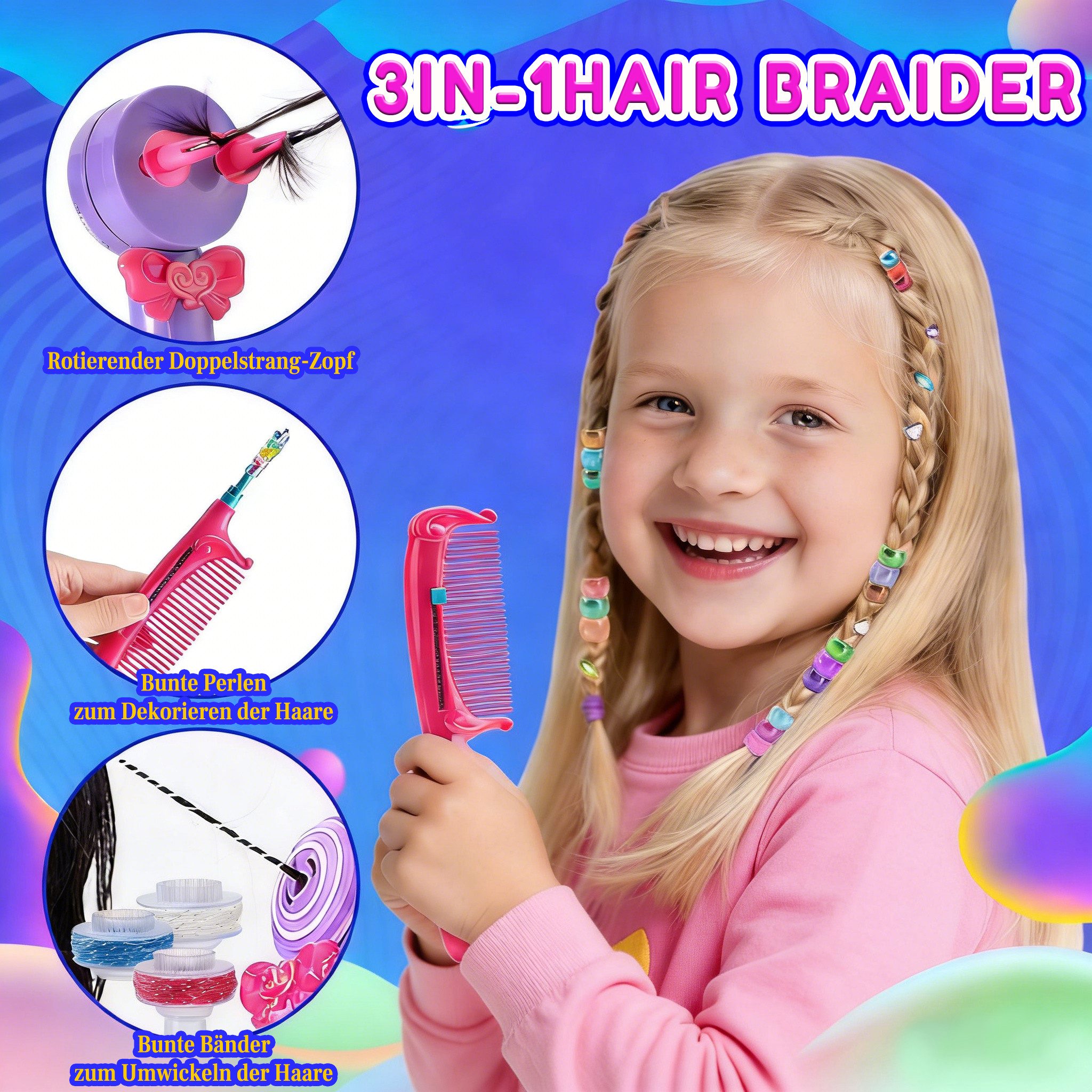 Minicloss Spielzeug-Frisierkoffer Frisuren-Spielzeug-Set, Kreatives Frisuren-Design-Set, 3-in-1 Automatischer Zopfmacher, Kreative Kinderhaarschmuck