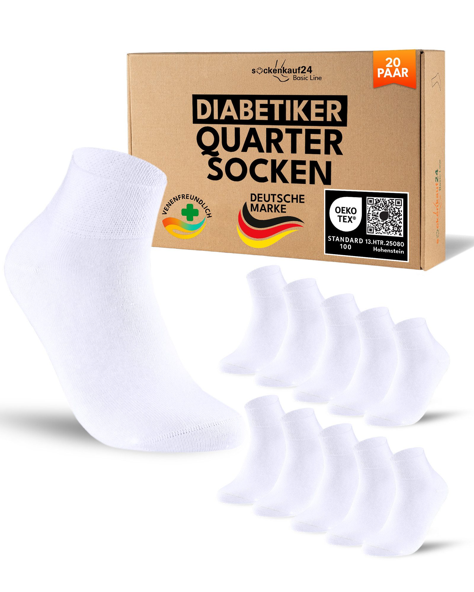 sockenkauf24 Diabetikersocken kurz ohne Gummibund & ohne Naht Quarter Diabetiker Socken Baumwolle (Set, 20-Paar) Diabetiker Socken mit Komfortbund ohne Gummi für Damen & Herren