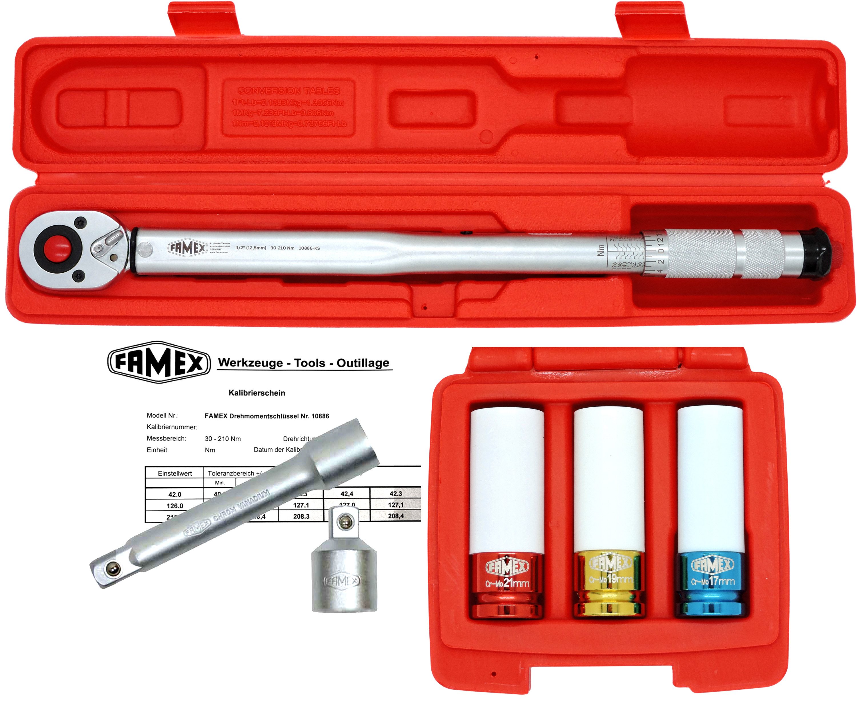 FAMEX Drehmomentschlüssel 10886-3N (mit Spezial-Einsätzen für Radschrauben), 30-210 Nm, mit Kalibrierschein