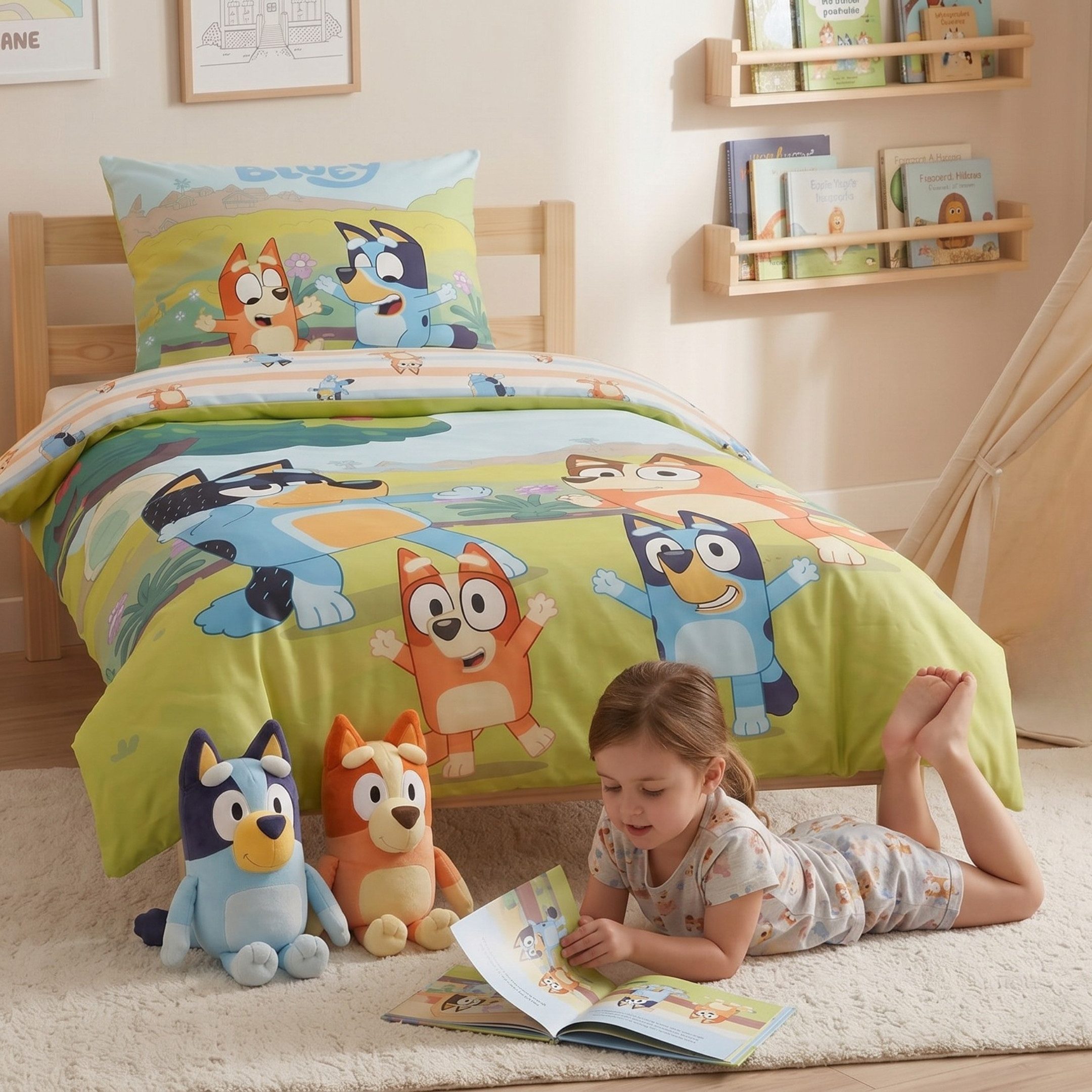 MTOnlinehandel Kinderbettwäsche Bluey Renforcé in 135x200 + 80x80 cm, Geschenkidee, 100% Baumwolle, 2 teilig, Wendebettwäsche für Mädchen und Jungen, Bingo & Bluey