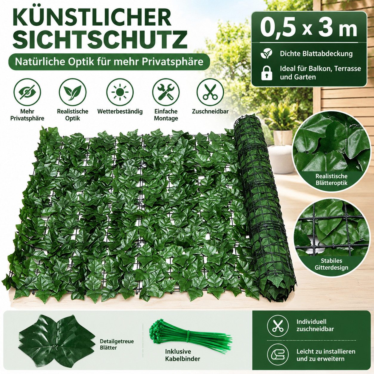 LEMLIT Balkonsichtschutz Künstliche Efeu Balkon Sichtschutz Windschutz Gartenumrandung 0.5X3M (1 Stück, 1-St., 50 x300 cm) Künstliche Hecken Zäune für Zäune Hin – Bild 2 von 5