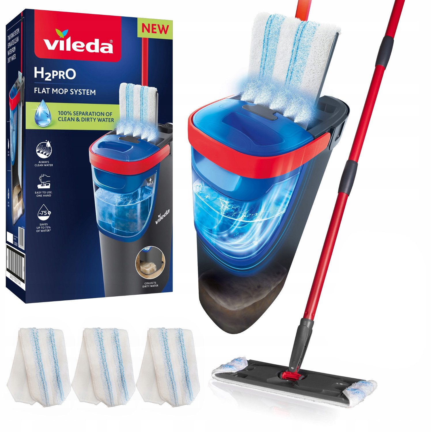 Vileda Wischmopp Flachmopp mit Behälter H2prO 3 Einsätze, 100 % Trennung von sauberem und schmutzigem Wasser, zwei Behälter