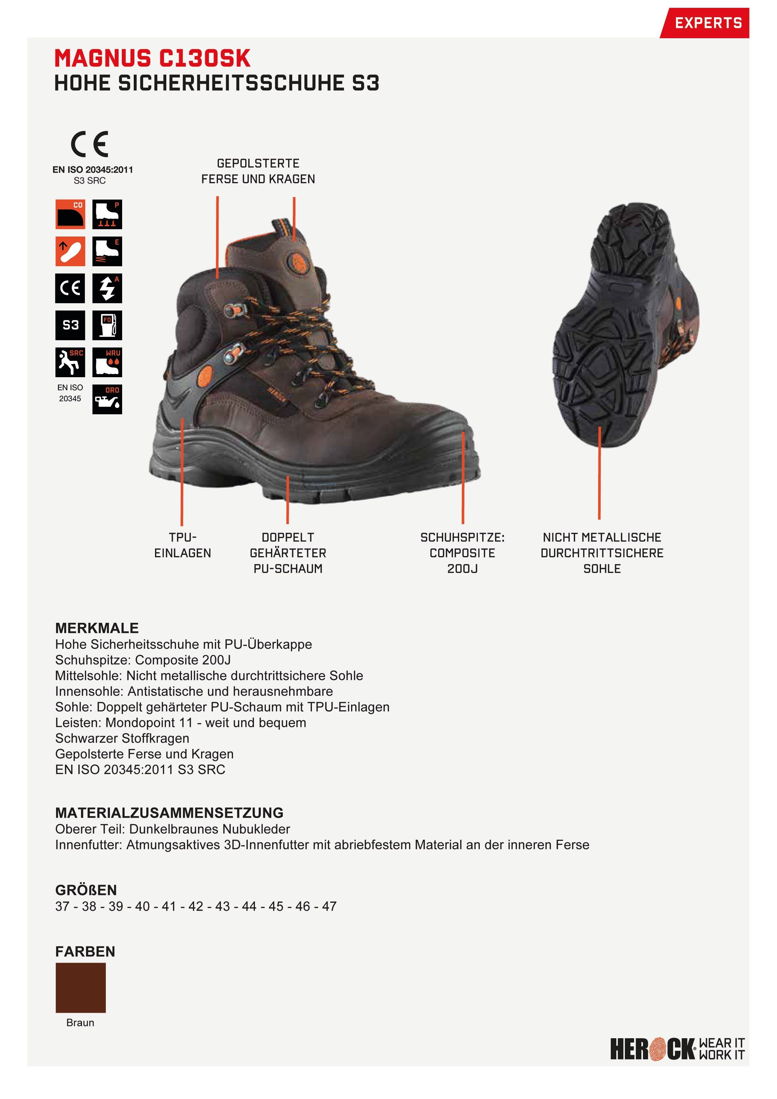 S3 High Schuhe nicht-metallisch, Echtes Leder, weit, S3 Sicherheitsschuh Herock durchtrittsicher, Compo Magnus Klasse