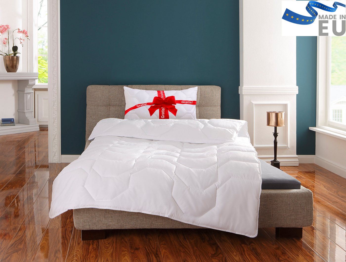 OTTO home Microfaserbettdecke Corella, Bettdecke 135x200 cm, mit Gratis-Kissen dazu: 40x80 cm, Füllung: 100% Polyester, Bezug: 100% Polyester, Bettdecken, Sommer, Winter, 4 Jahreszeiten, Decke mit Gratiskissen